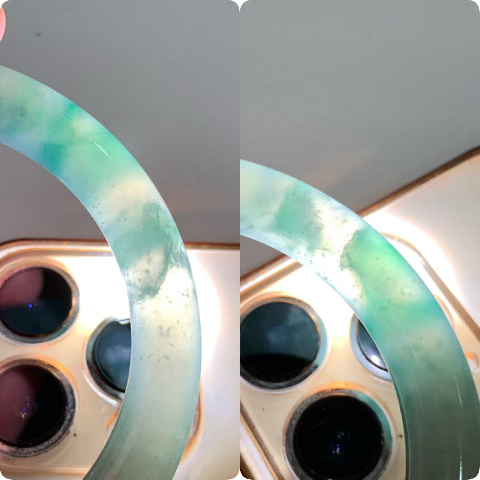 冰飘花圆条手镯，尺寸55*10*10老种通透，水头充盈，胶感十足，色泽低调，静谧深邃！