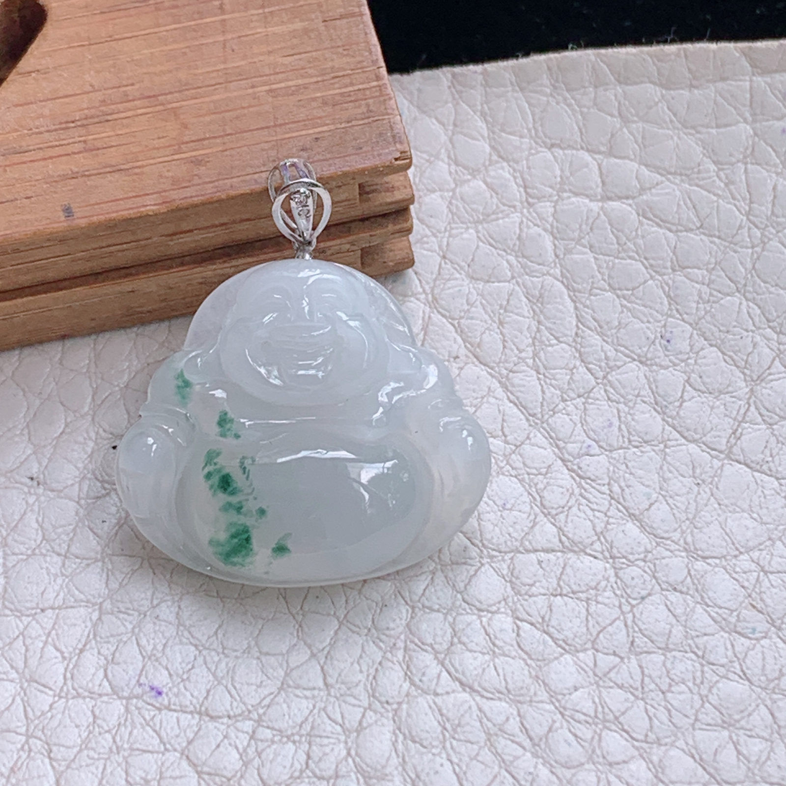 zz3实拍22*25.2*5.7缅甸翡翠冰飘花佛公吊坠大肚弥勒佛玉坠18k金扣
