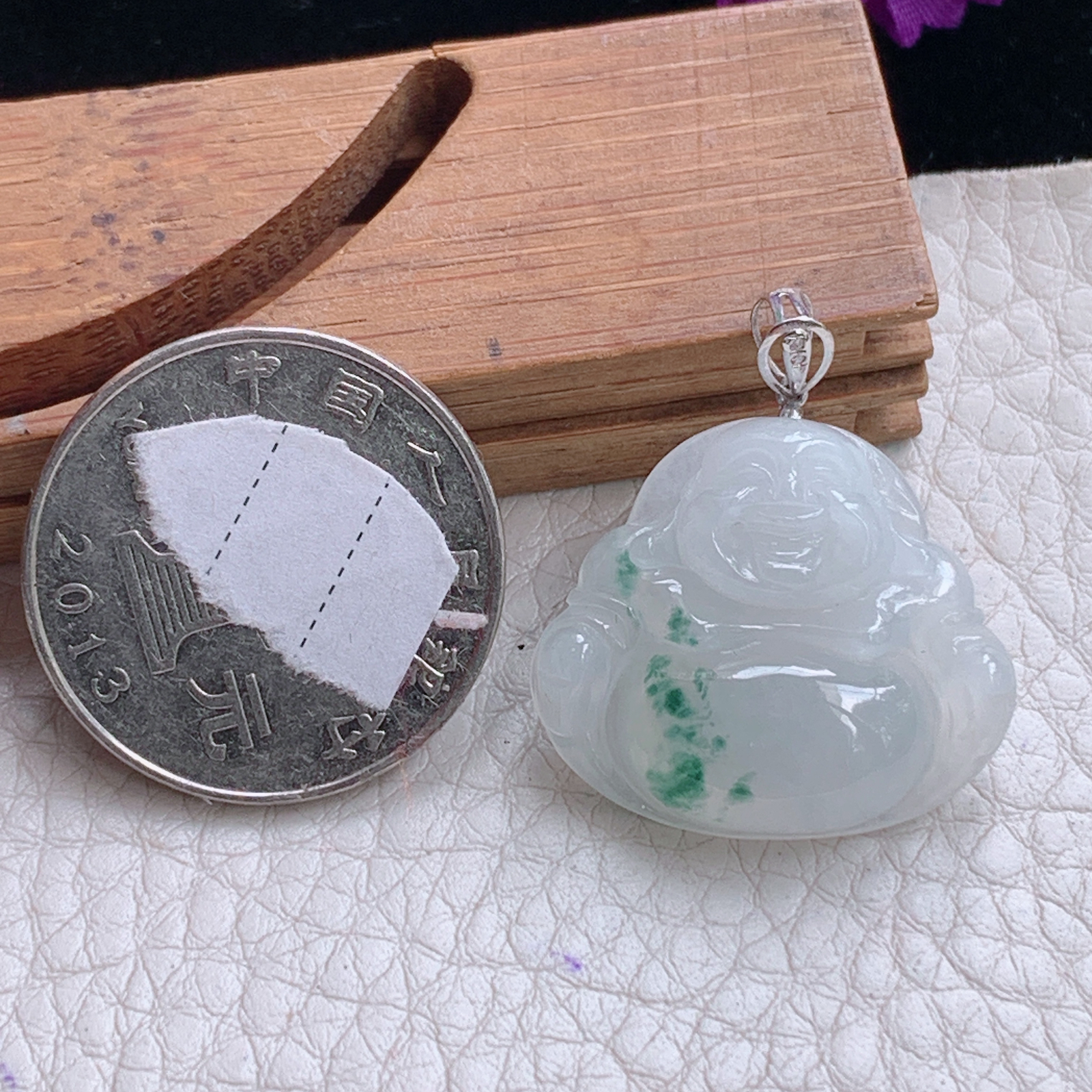 zz3实拍22*25.2*5.7缅甸翡翠冰飘花佛公吊坠大肚弥勒佛玉坠18k金扣