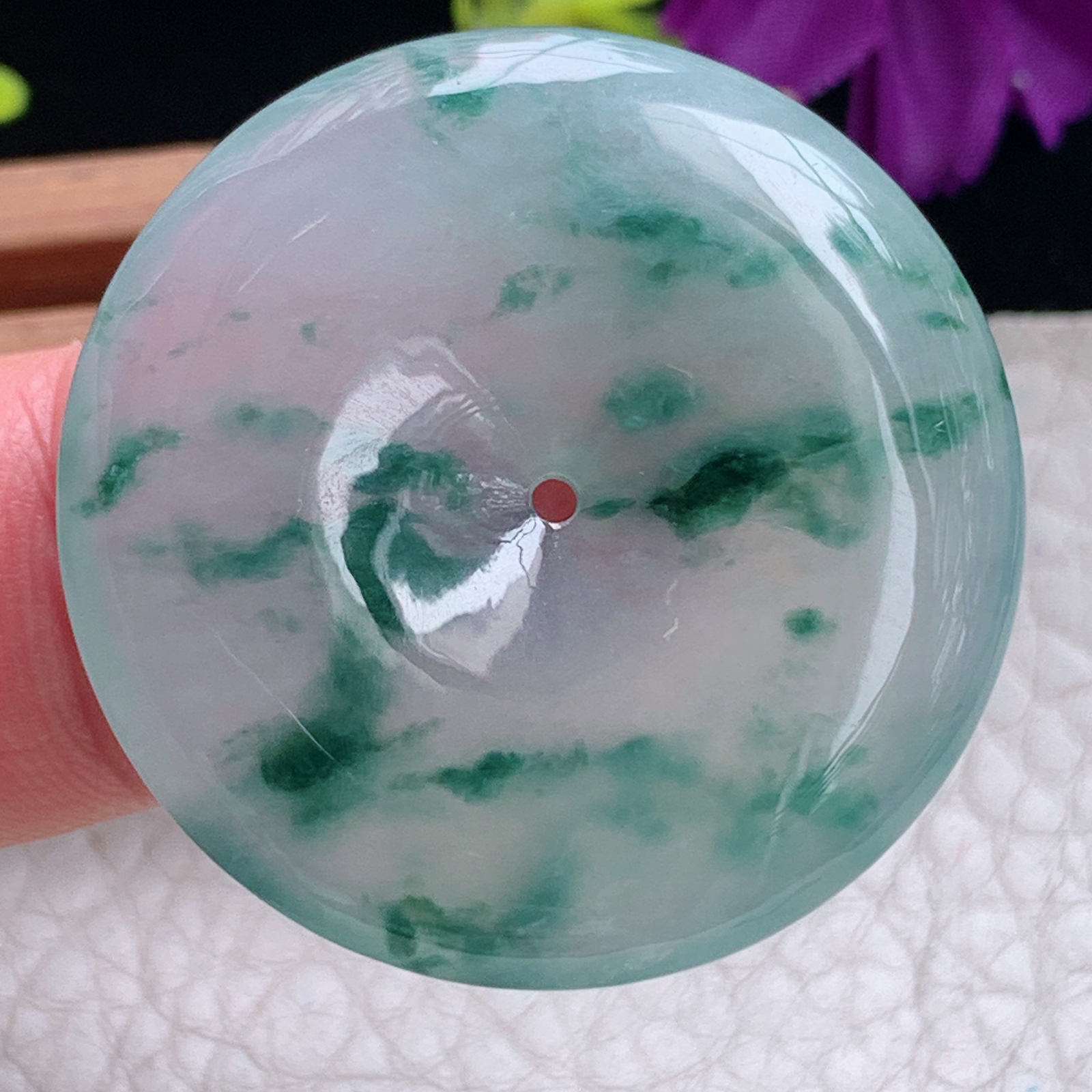 zz3实拍35.5*5.5缅甸翡翠冰透飘花平安扣吊坠 时尚潮风玉扣子玉坠