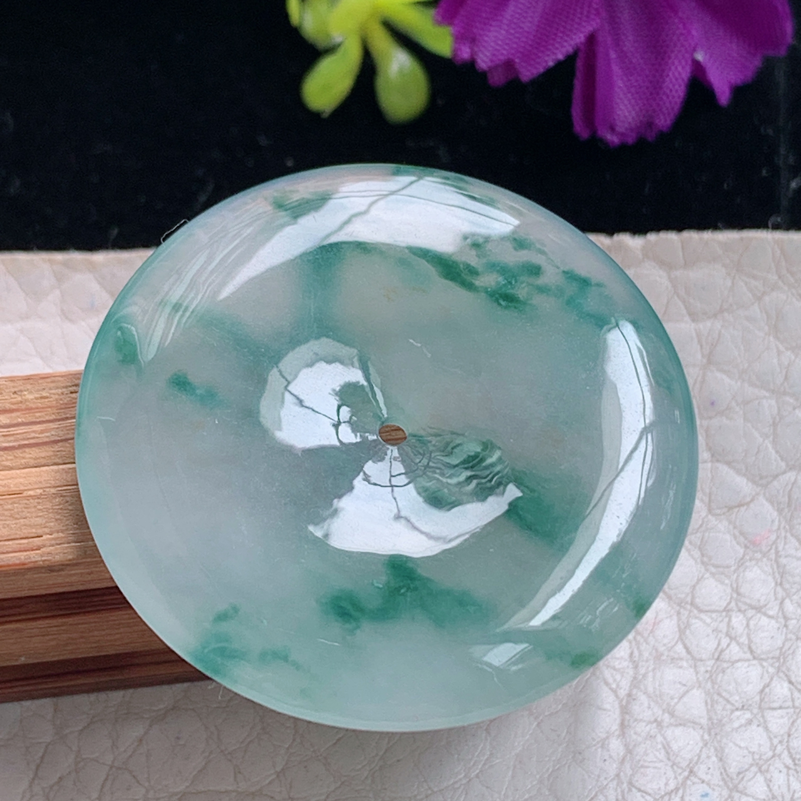 zz3实拍35.5*5.5缅甸翡翠冰透飘花平安扣吊坠 时尚潮风玉扣子玉坠