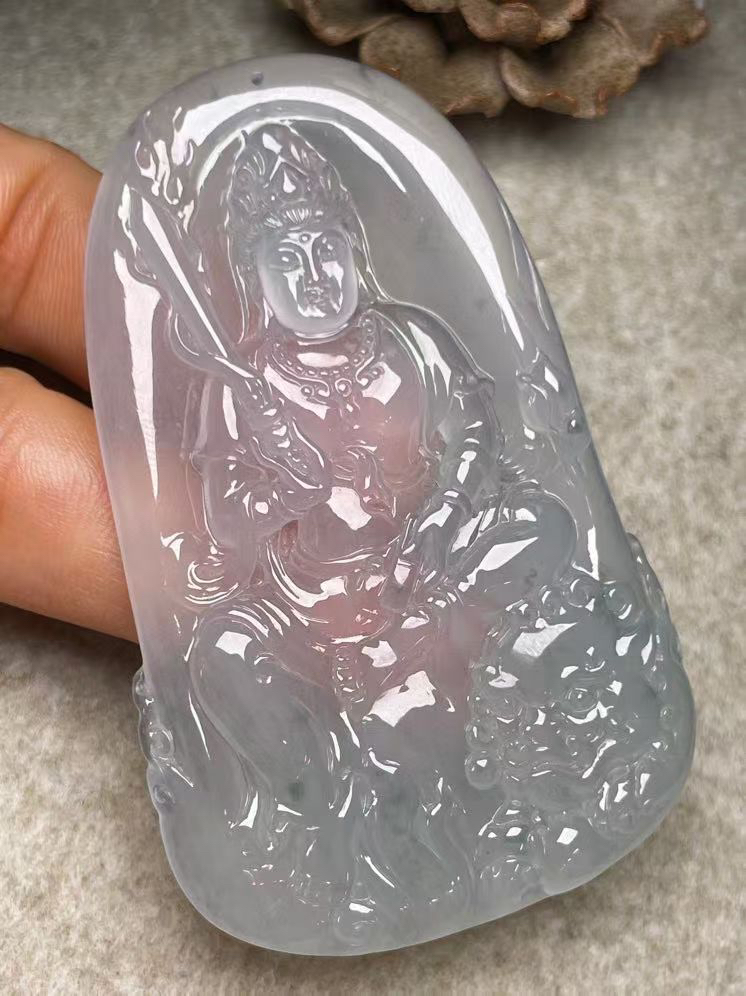 冰种【文殊菩萨】吊坠、种水好，玉质细腻 ，卖相好.