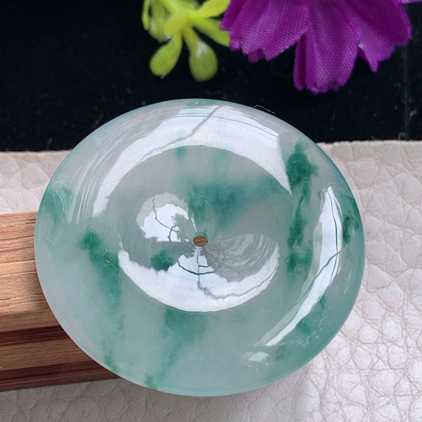 zz3实拍35.5*5.5缅甸翡翠冰透飘花平安扣吊坠 时尚潮风玉扣子玉坠