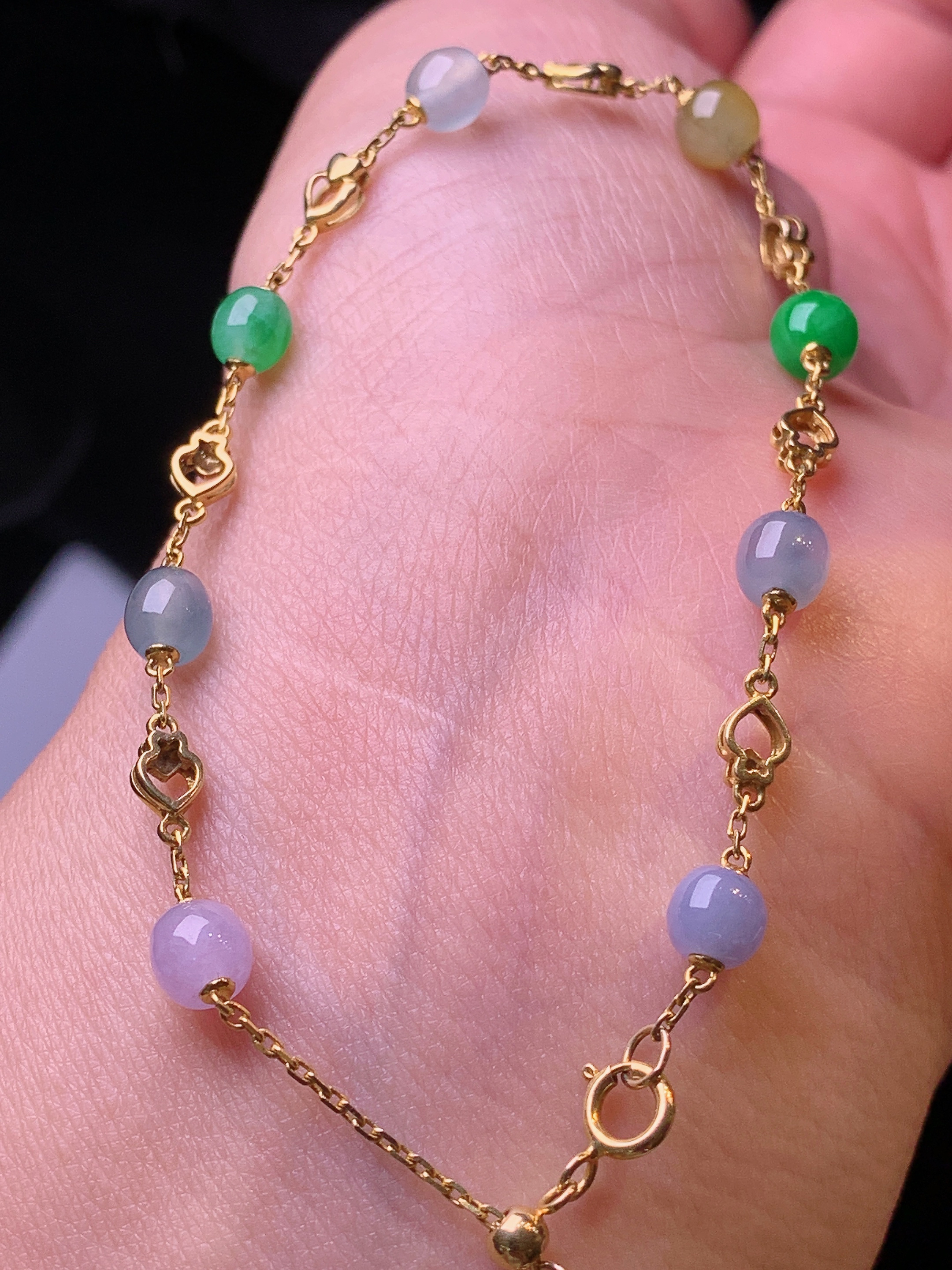 18k金镶嵌多彩圆珠手链 玉质细腻 色泽艳丽清新 水润亮眼 裸石尺寸5.3*4.6z1