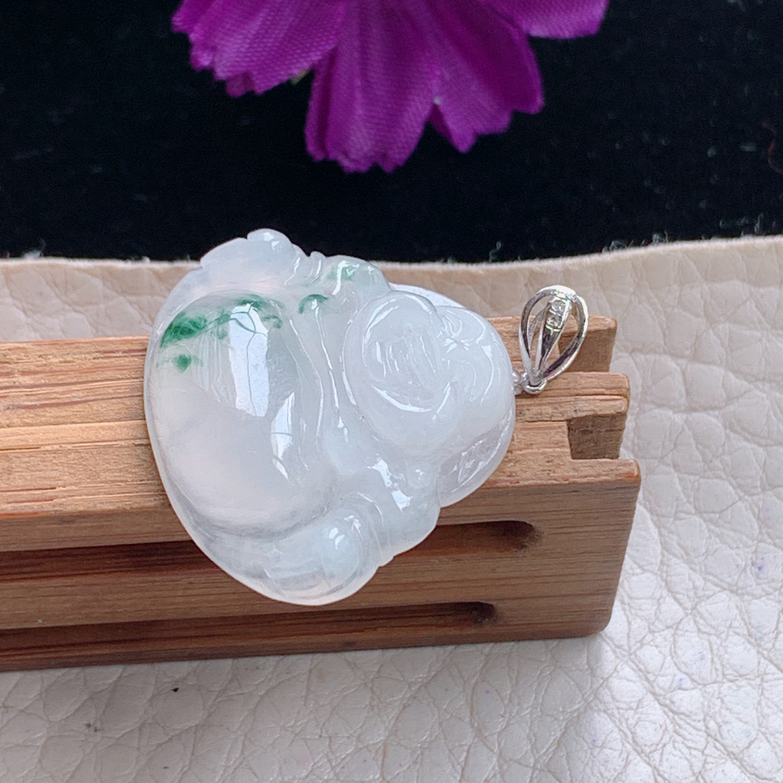 zz3实拍22*25.2*5.7缅甸翡翠冰飘花佛公吊坠大肚弥勒佛玉坠18k金扣