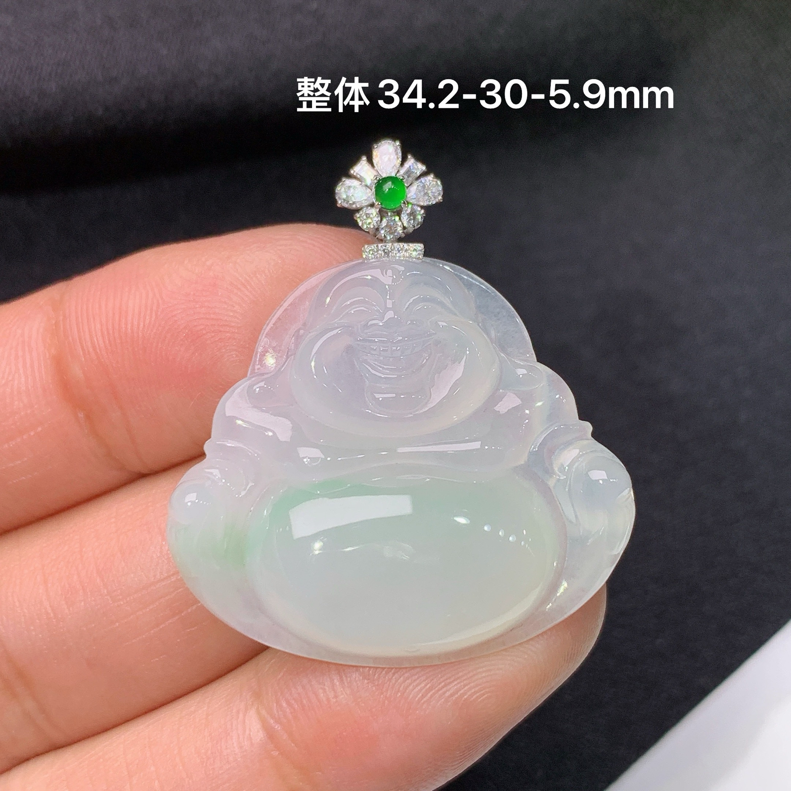 冰种底色笑佛吊坠，18k金镶嵌，冰润细腻，品相好，Xky整体尺寸34.2*30*5.9