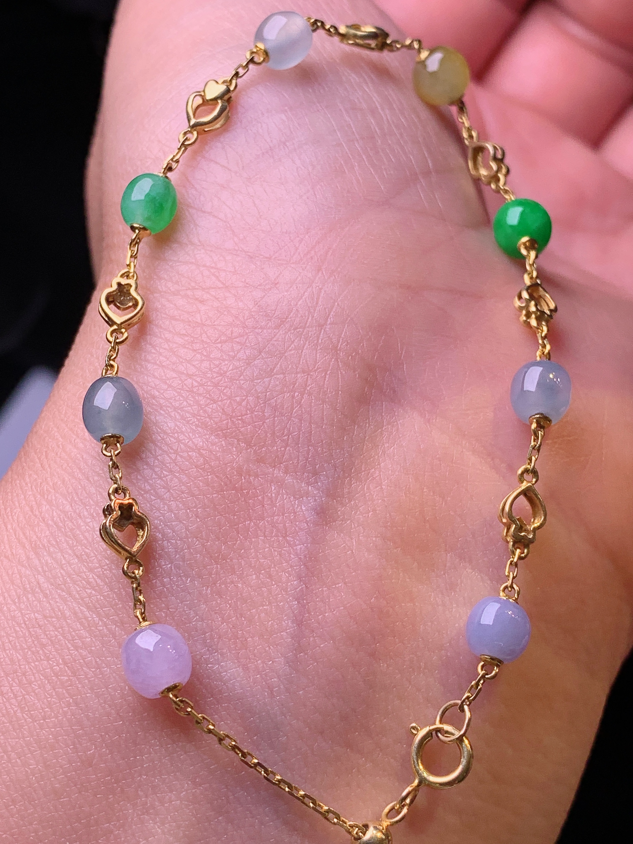 18k金镶嵌多彩圆珠手链 玉质细腻 色泽艳丽清新 水润亮眼 裸石尺寸5.3*4.6z1
