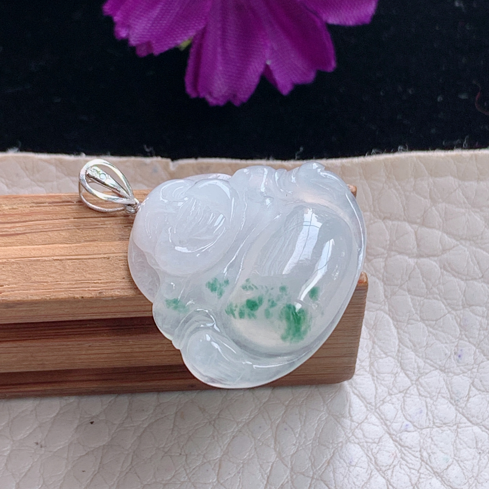 zz3实拍22*25.2*5.7缅甸翡翠冰飘花佛公吊坠大肚弥勒佛玉坠18k金扣