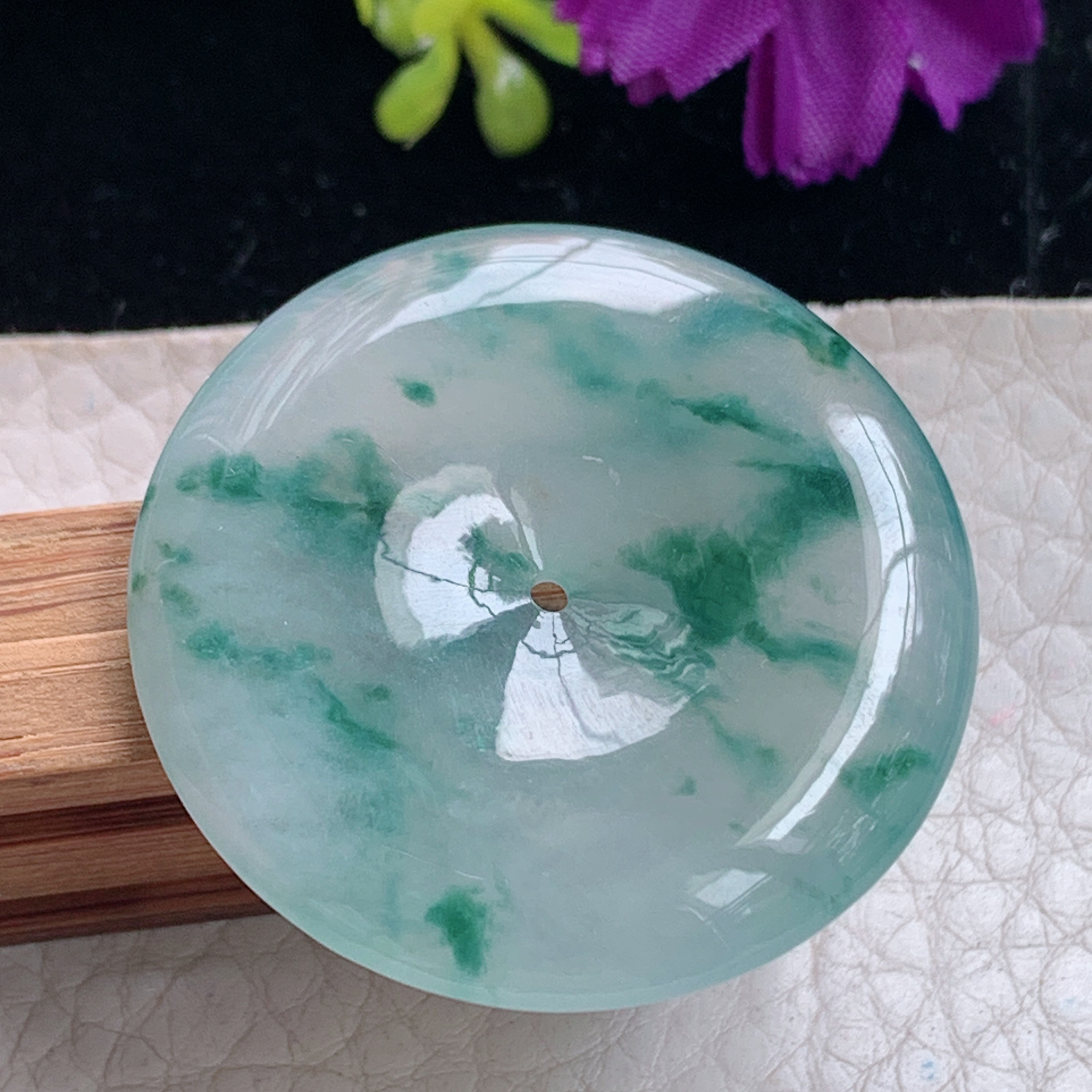 zz3实拍35.5*5.5缅甸翡翠冰透飘花平安扣吊坠 时尚潮风玉扣子玉坠