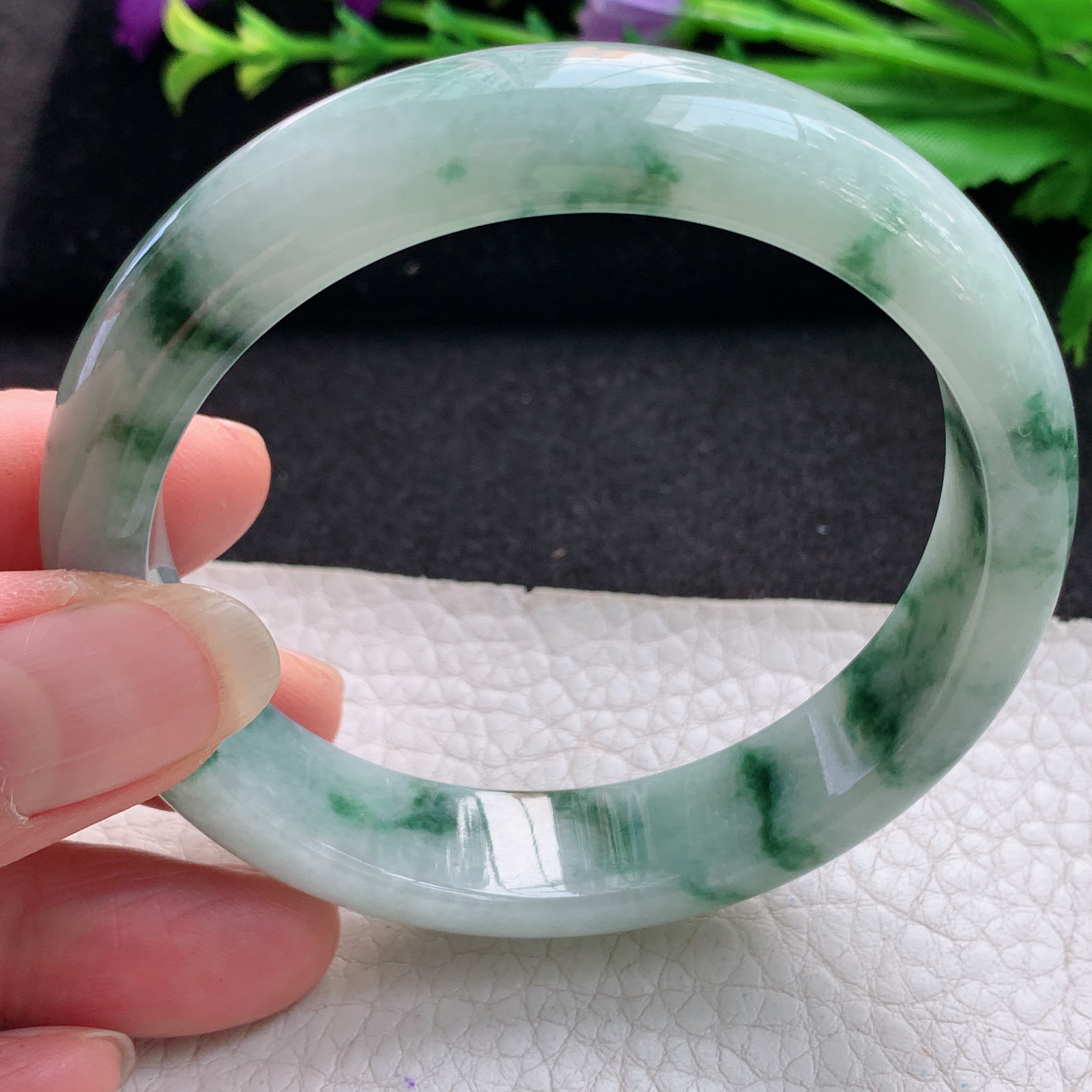 js实拍57.5*13.6*7.6平安镯 缅甸翡翠A货玉手镯精美飘花正圈玉手镯