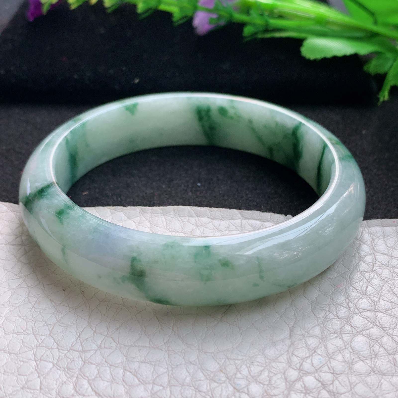 js实拍57.5*13.6*7.6平安镯 缅甸翡翠A货玉手镯精美飘花正圈玉手镯
