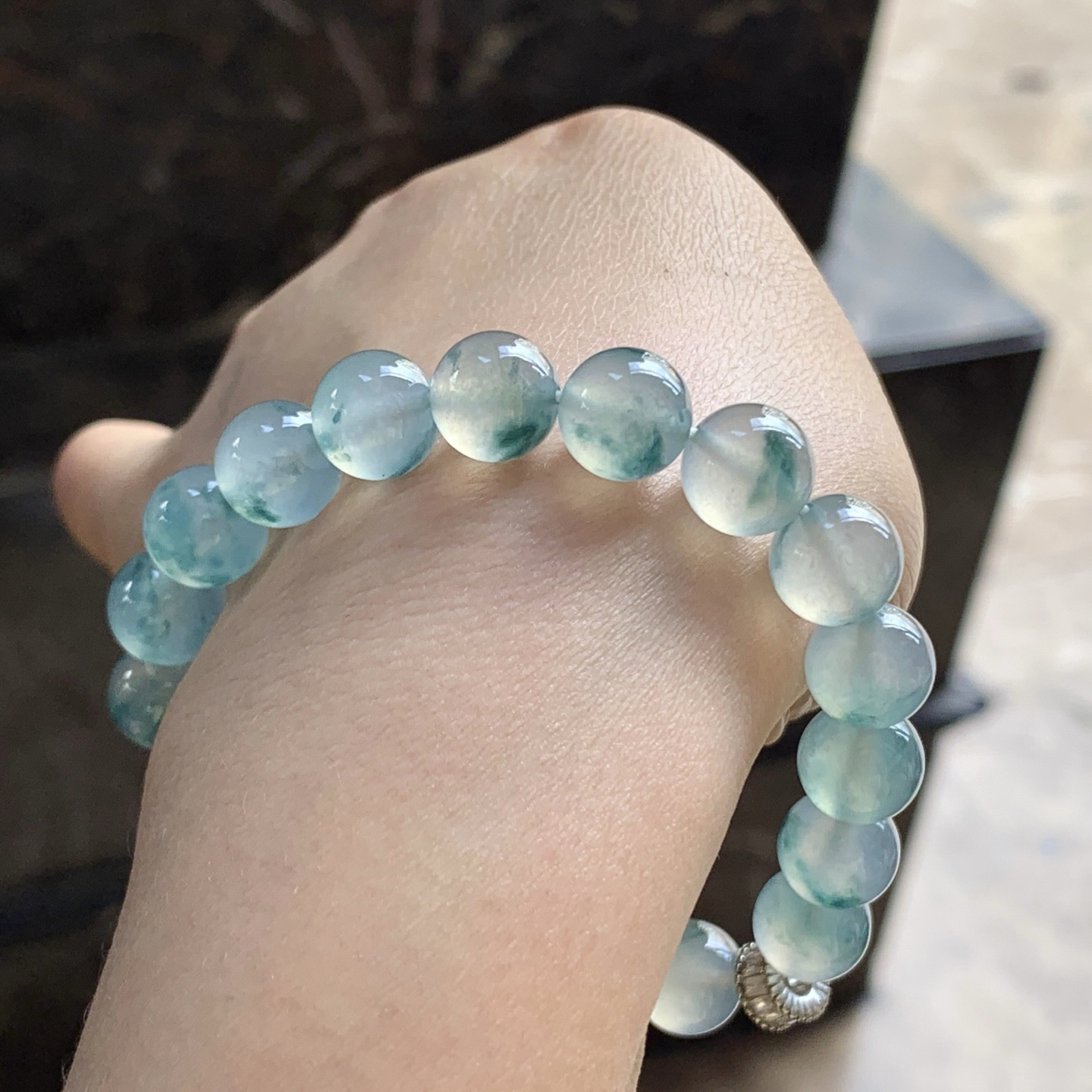 高冰蓝花手串^_^冰透 荧光十足