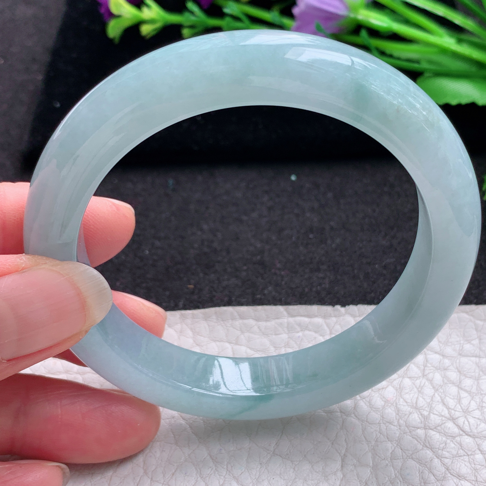 r飘逸款56*12*9平安镯 缅甸翡翠A货玉手镯精美蓝韵飘花宽边玉手镯