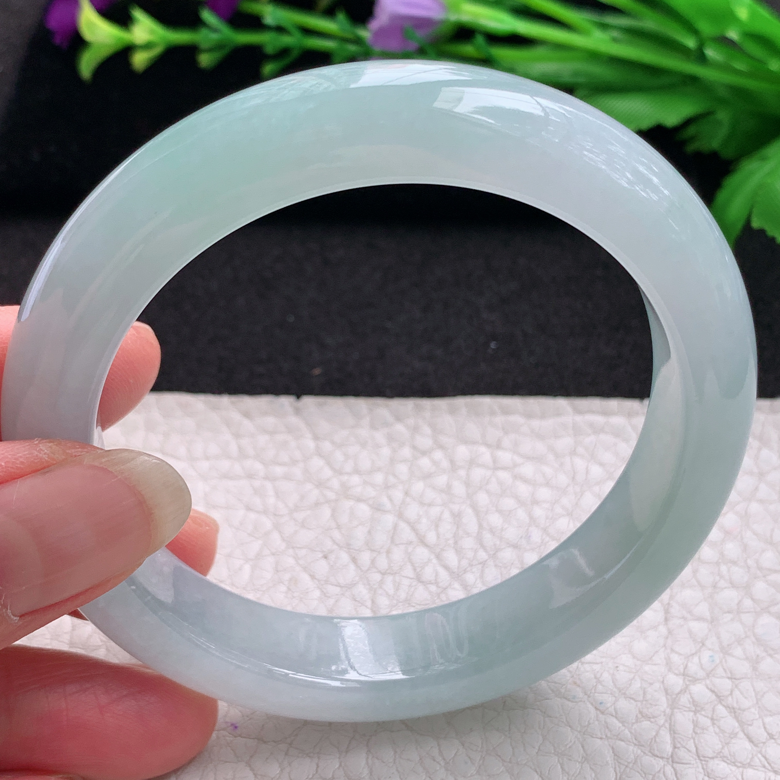 xo清新款59.5*12.5*9.5平安镯 缅甸翡翠A货玉手镯精美冰胶蓝韵正圈玉手环