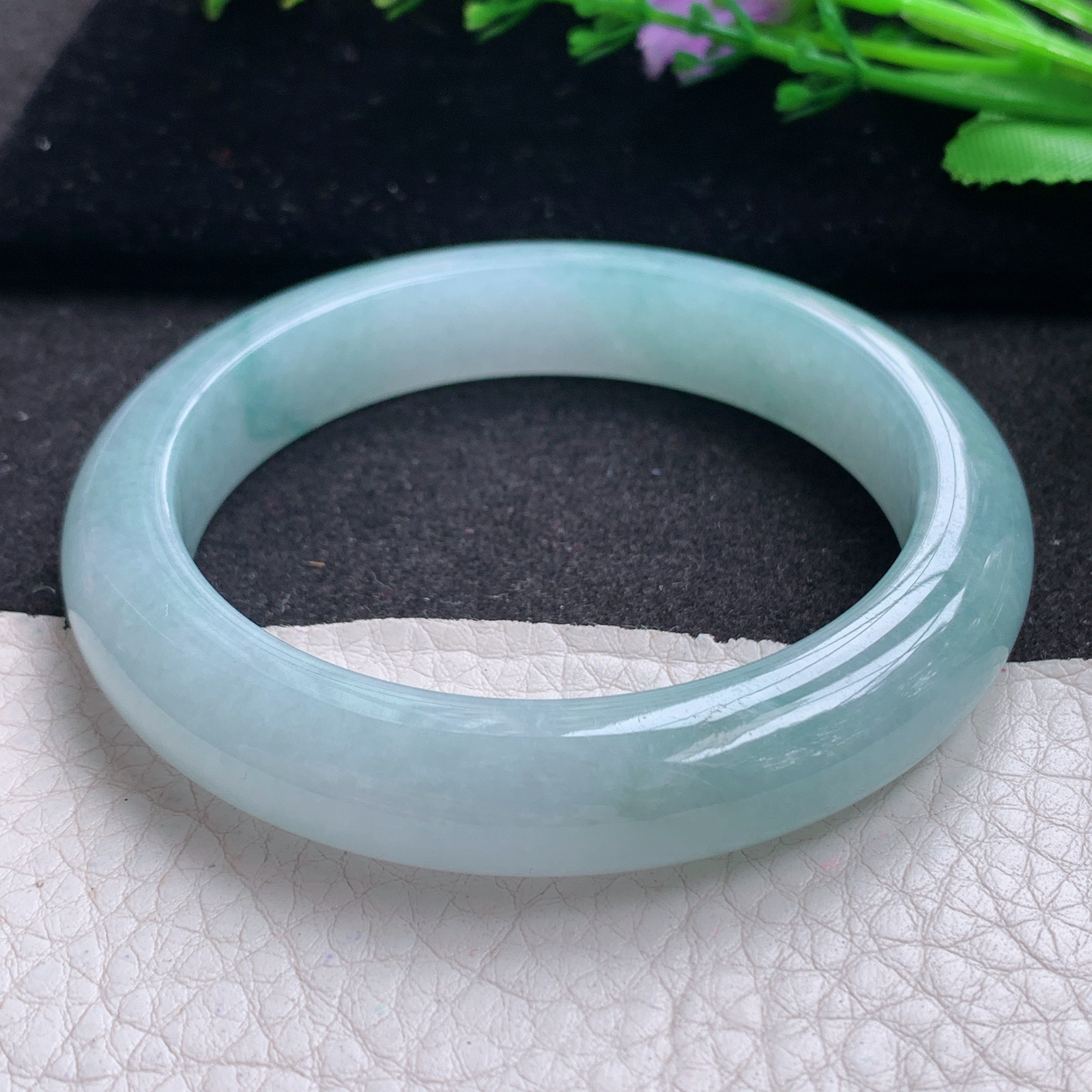 r飘逸款56*12*9平安镯 缅甸翡翠A货玉手镯精美蓝韵飘花宽边玉手镯