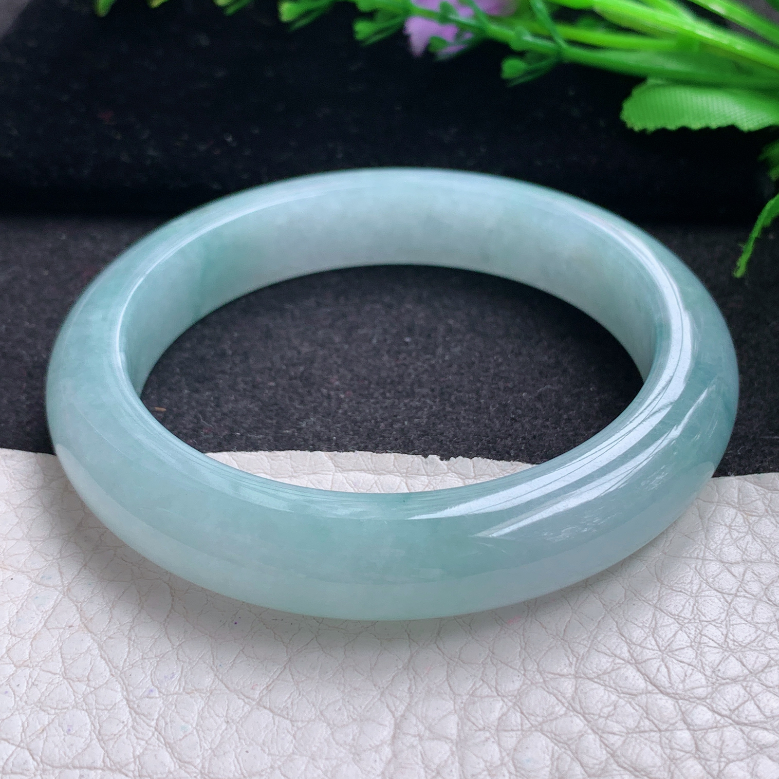 r飘逸款56*12*9平安镯 缅甸翡翠A货玉手镯精美蓝韵飘花宽边玉手镯