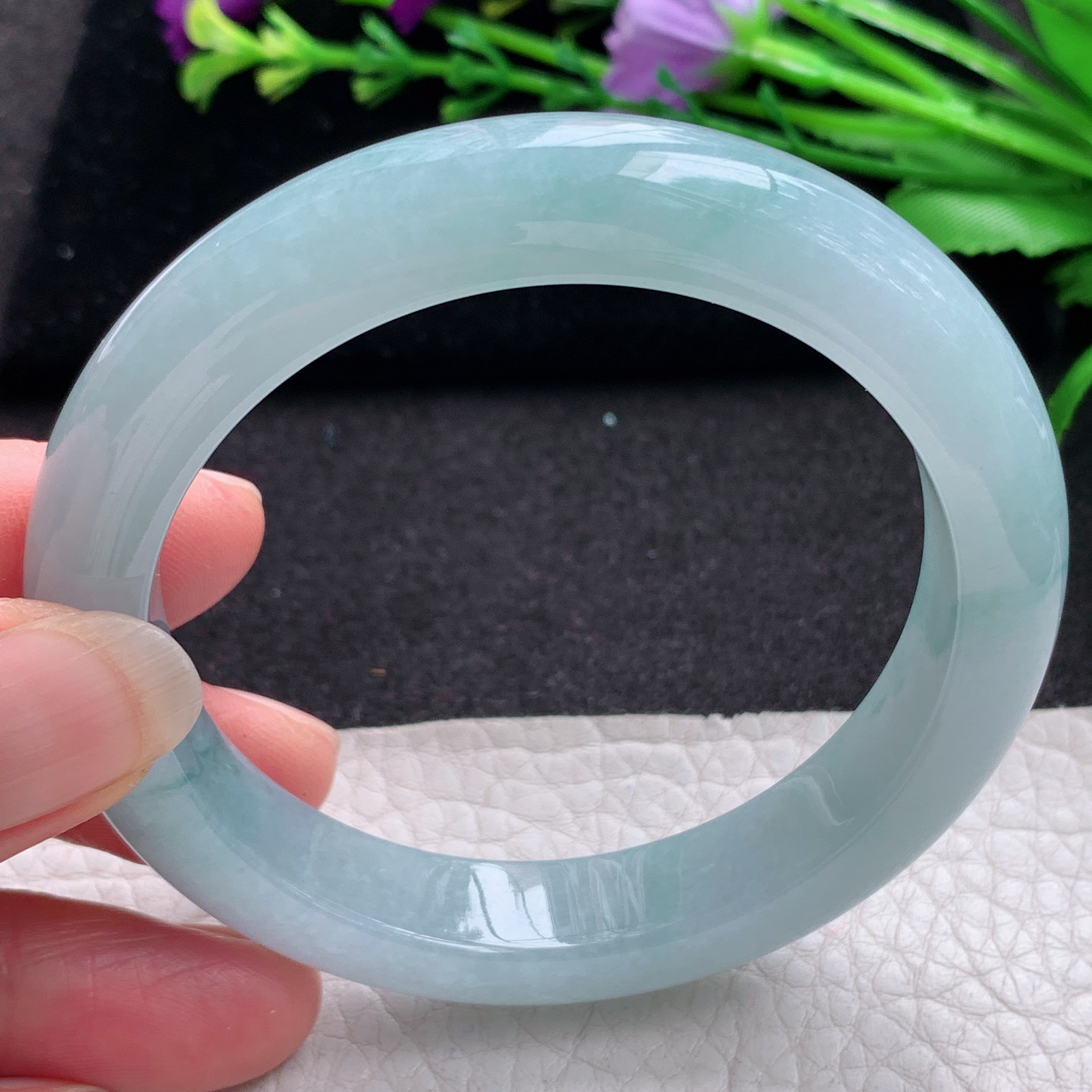 r飘逸款56*12*9平安镯 缅甸翡翠A货玉手镯精美蓝韵飘花宽边玉手镯