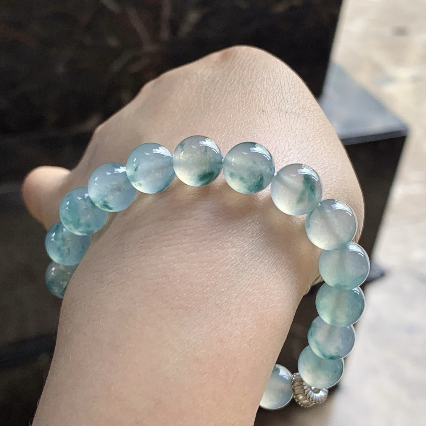 高冰蓝花手串^_^冰透 荧光十足