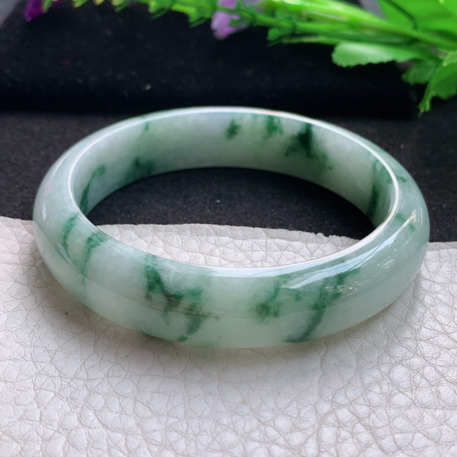 js实拍57.5*13.6*7.6平安镯 缅甸翡翠A货玉手镯精美飘花正圈玉手镯