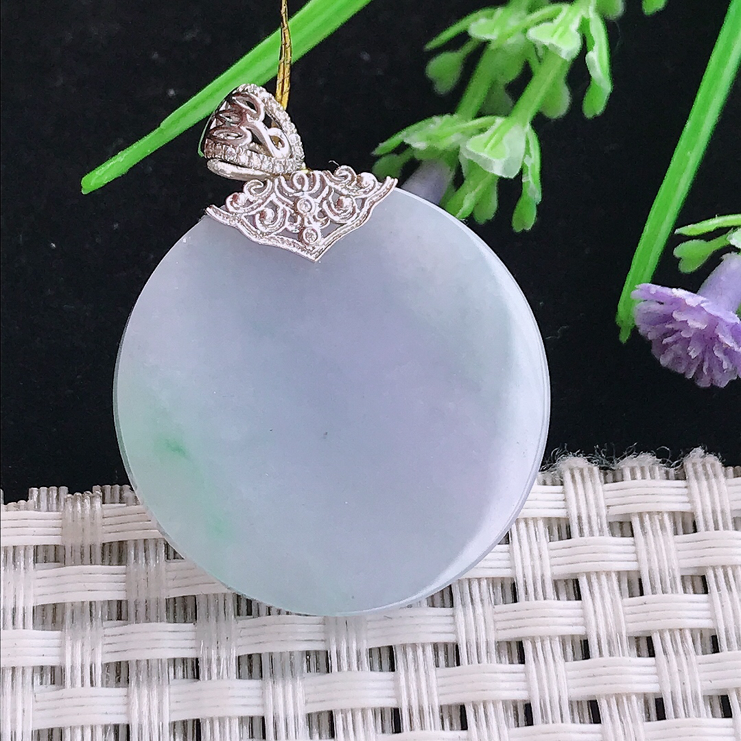 实拍A货翡翠27.8/3.5老坑18k金镶嵌冰润紫罗兰圆牌吊坠翡翠玉无事牌挂件