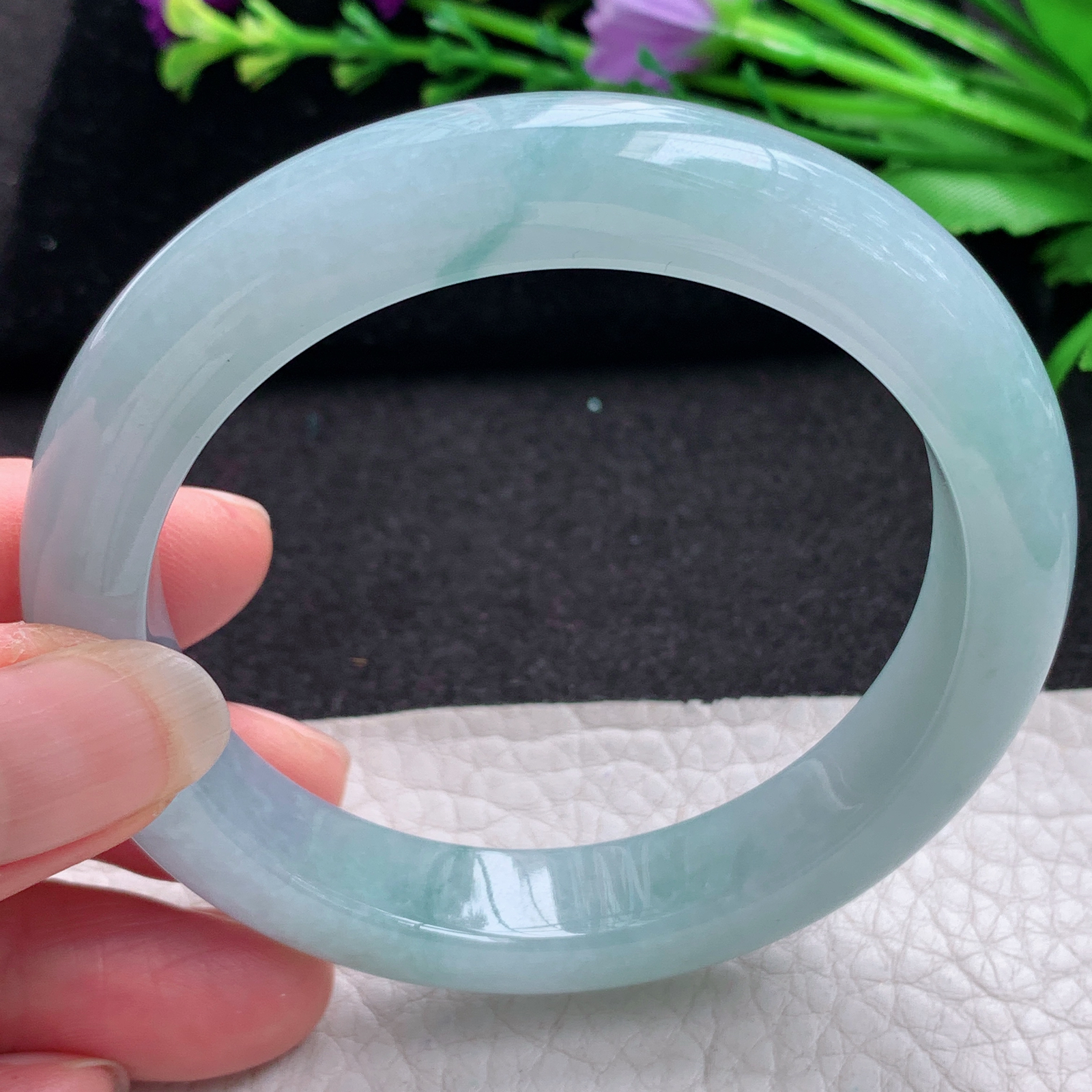 r飘逸款56*12*9平安镯 缅甸翡翠A货玉手镯精美蓝韵飘花宽边玉手镯