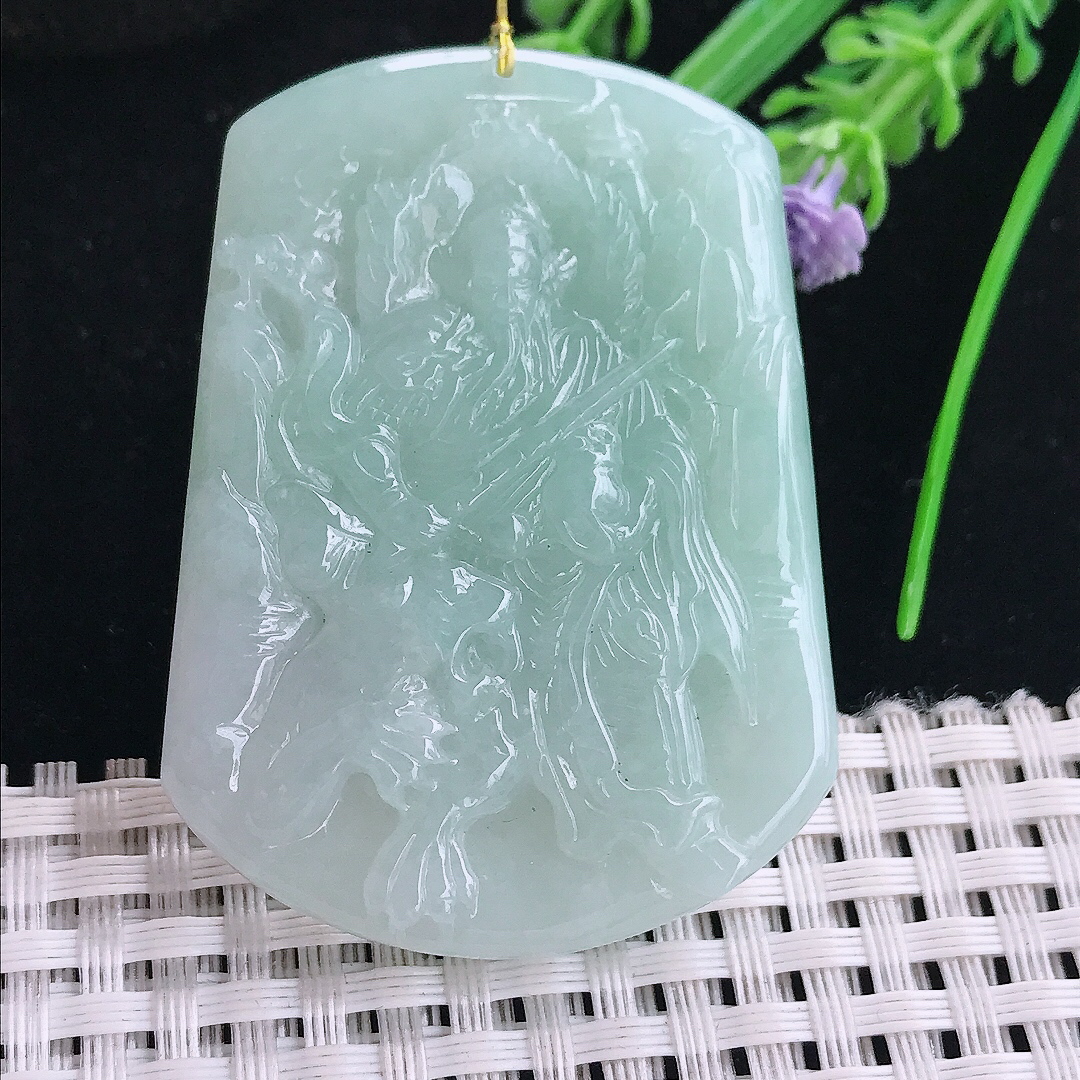 实拍A货翡翠52.6/38.8/7.3老坑冰润水灵浅绿色赵公明吊坠翡翠玉挂件