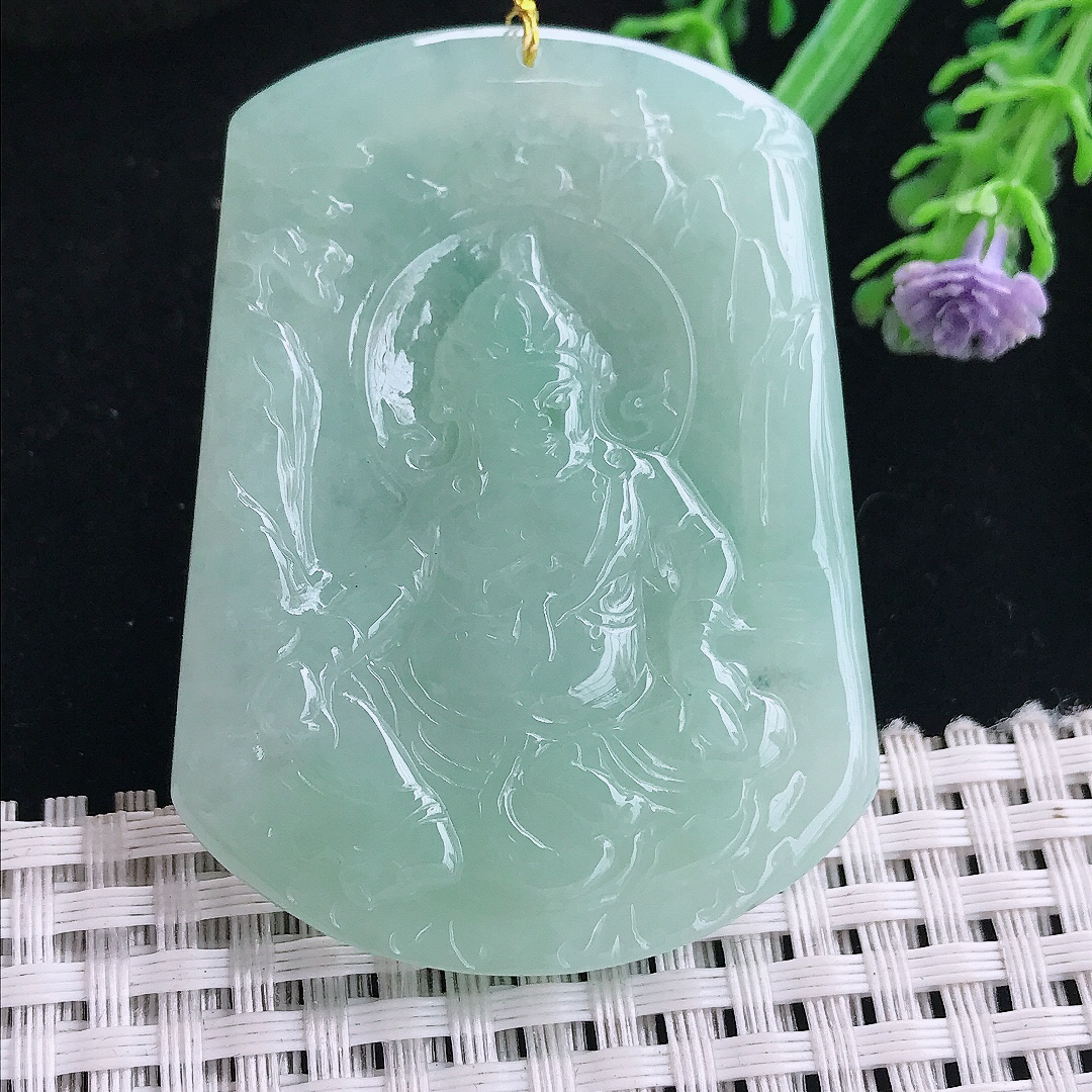 实拍A货翡翠54.8/41.3/5.5老坑冰润起胶冰晴绿黄财神吊坠翡翠玉挂件