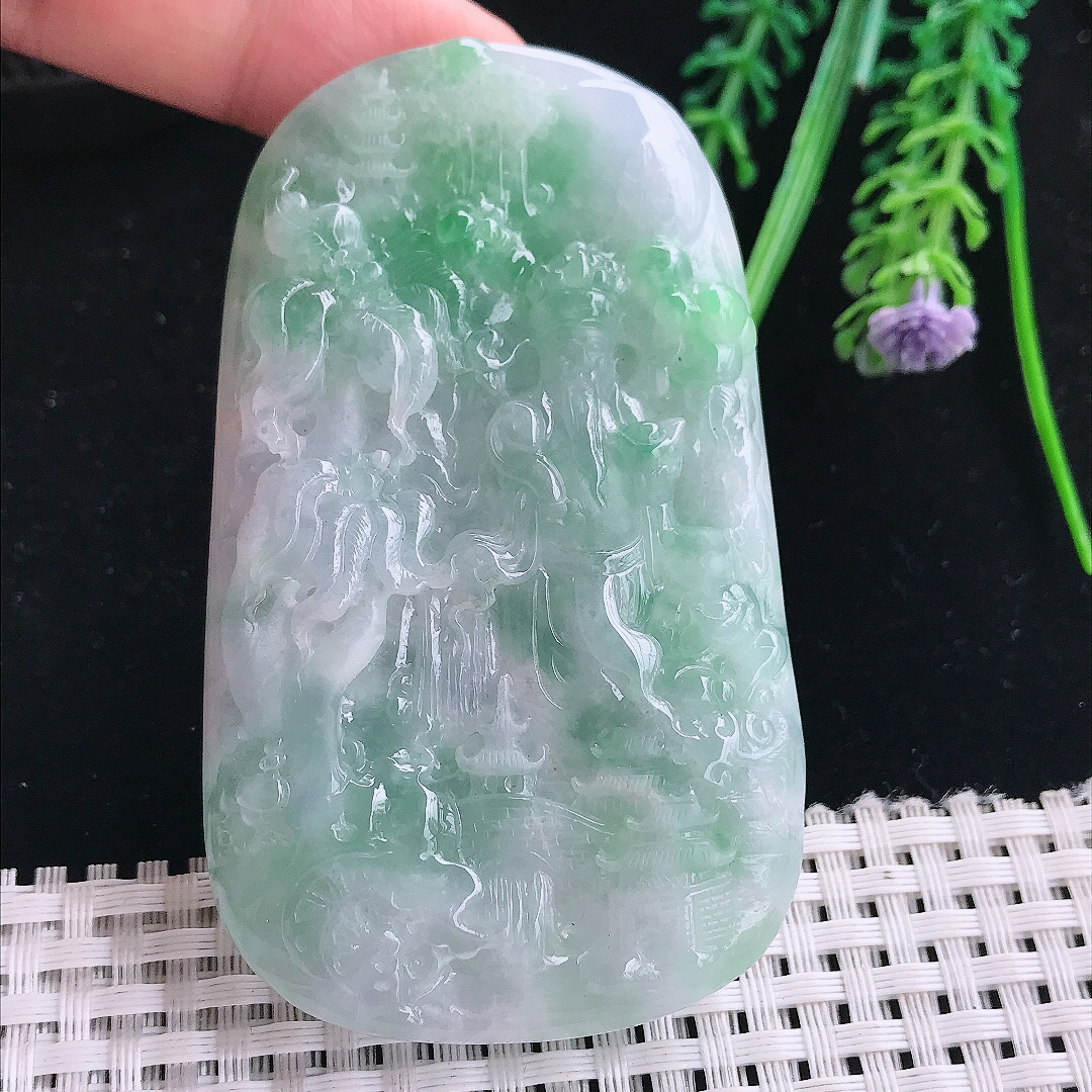 实拍A货翡翠78/46/13.5老坑冰润起胶飘绿山水财神吊坠翡翠玉财神爷挂件