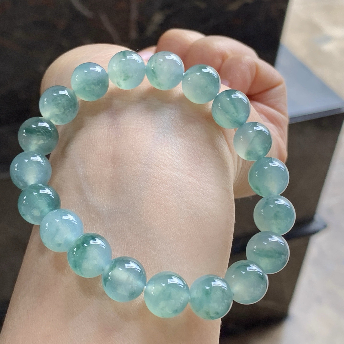 冰蓝花手串^_^冰透 飘花灵韵 种水好