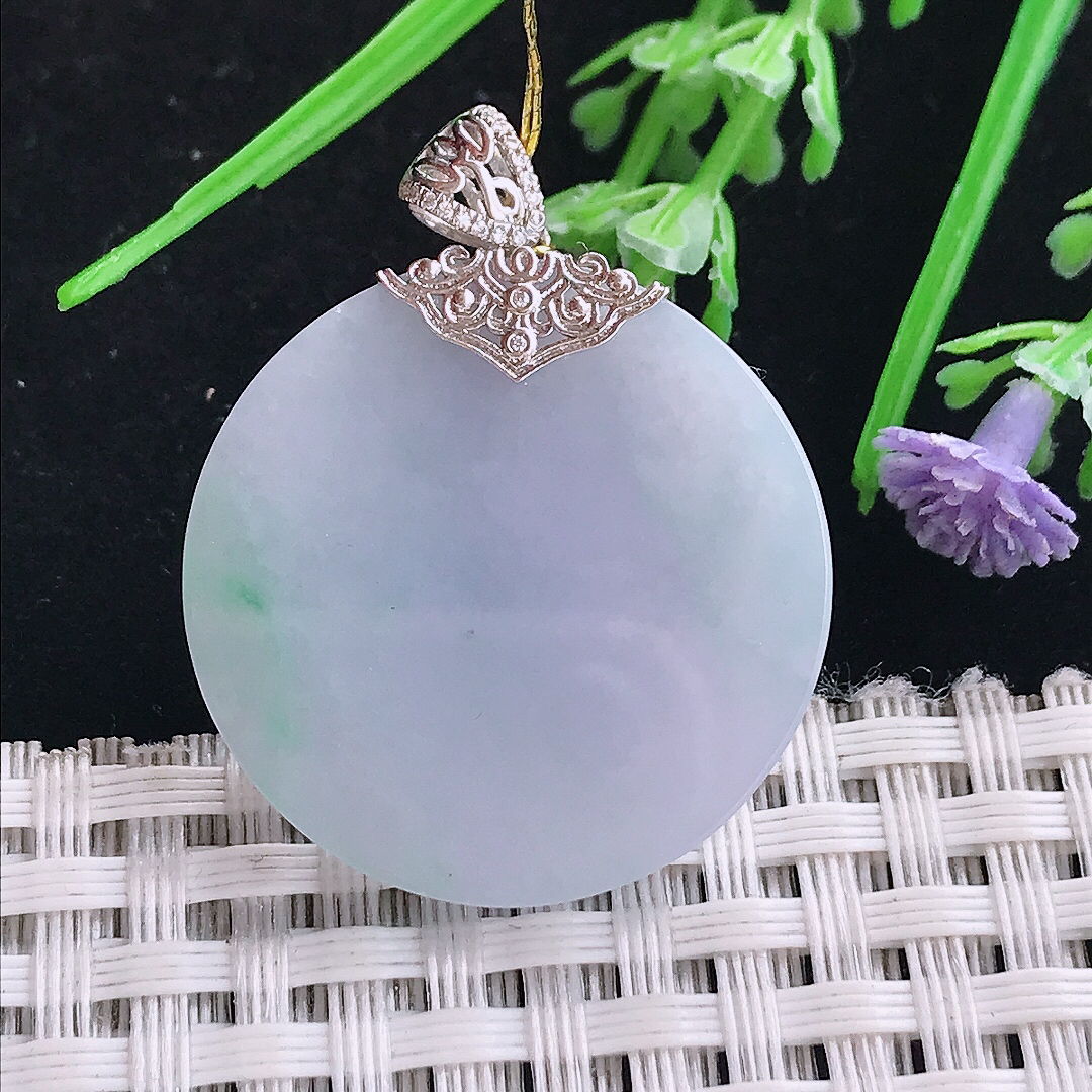 实拍A货翡翠27.8/3.5老坑18k金镶嵌冰润紫罗兰圆牌吊坠翡翠玉无事牌挂件