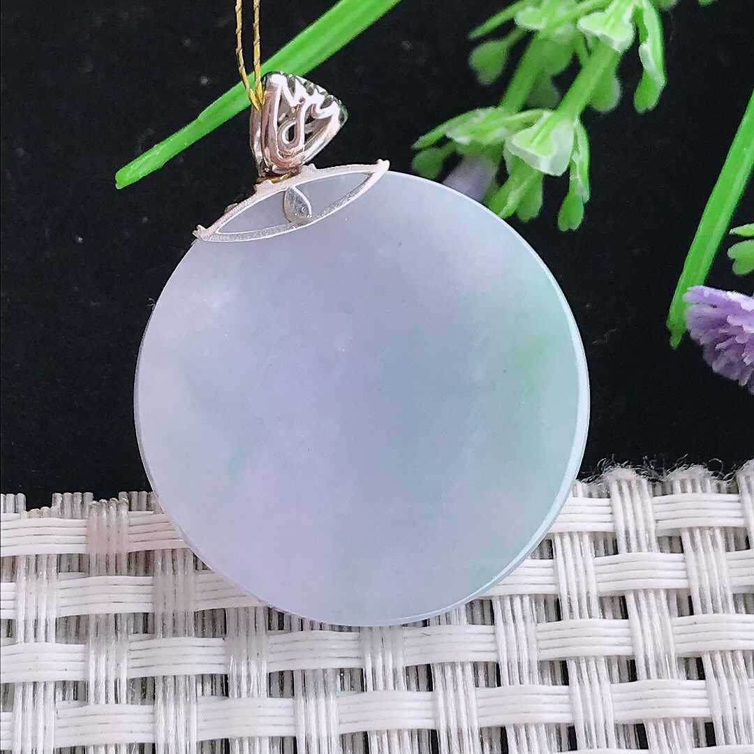 实拍A货翡翠27.8/3.5老坑18k金镶嵌冰润紫罗兰圆牌吊坠翡翠玉无事牌挂件