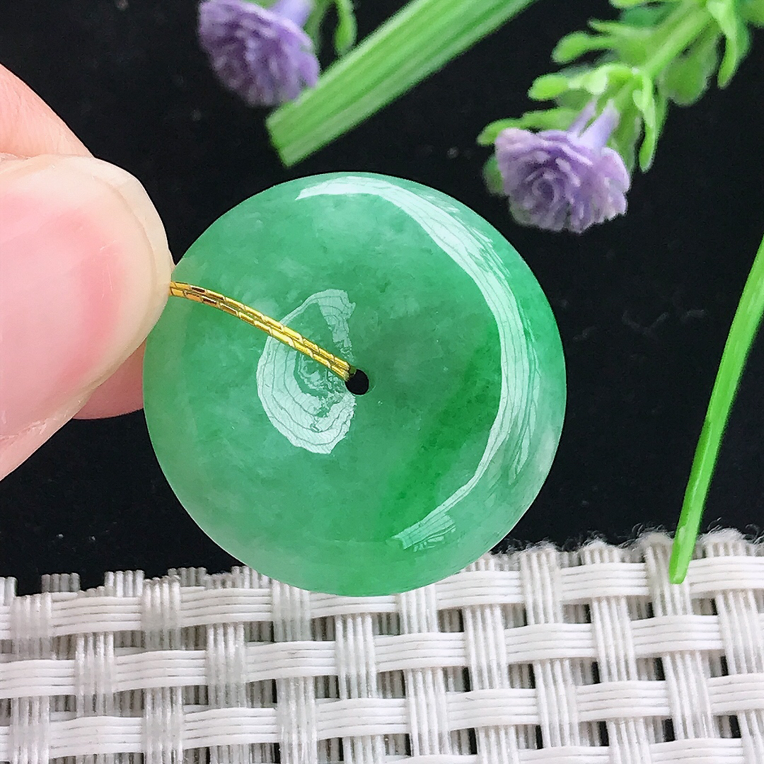 实拍A货翡翠25.5/6老坑精美温润阳绿满绿平安扣吊坠翡翠玉扣挂件