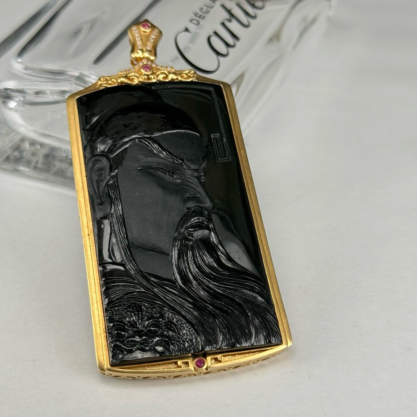 18k墨翠关公 种好色正 黑度极好 打灯通透 油性十足 雕工精湛 尺寸74.1