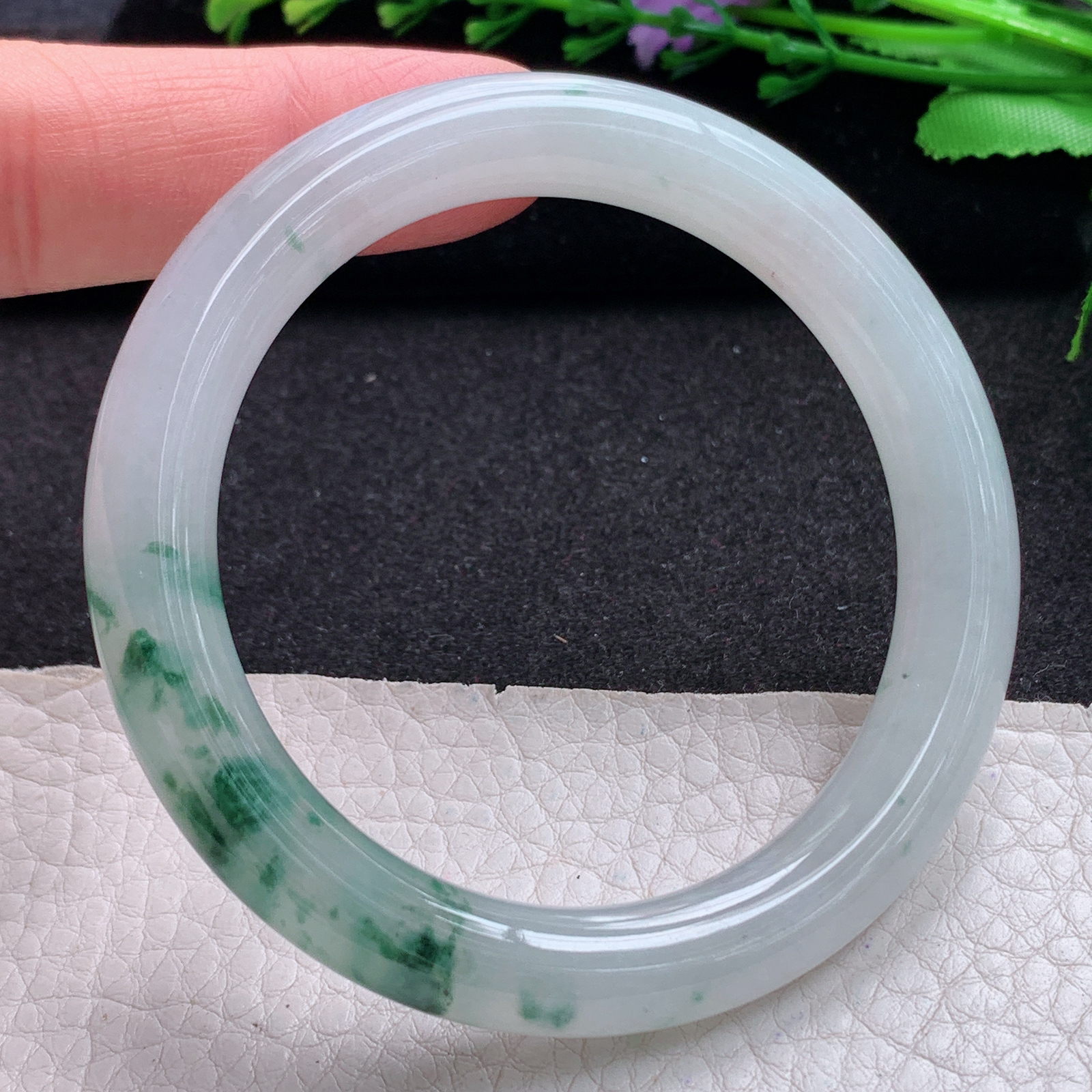 xc实拍53.5*9*美人镯 缅甸翡翠A货玉手镯精美冰飘花秀气圆条玉手镯