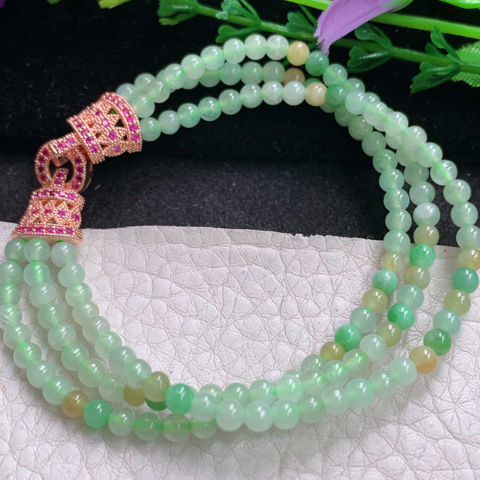 zz3实拍4mm 天然翡翠圆润冰三彩圆珠手串 精美小巧款手链 配饰为装饰件