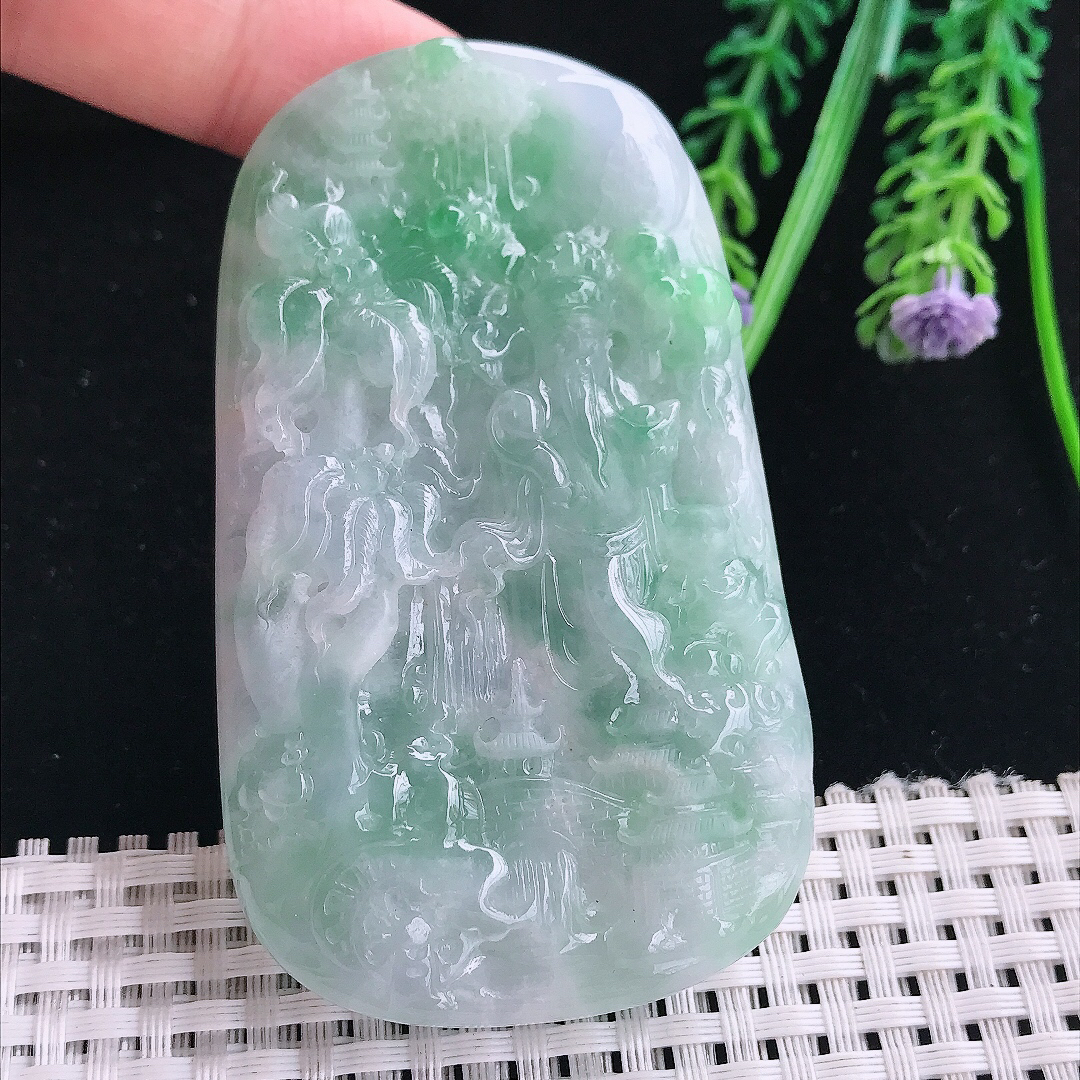 实拍A货翡翠78/46/13.5老坑冰润起胶飘绿山水财神吊坠翡翠玉财神爷挂件