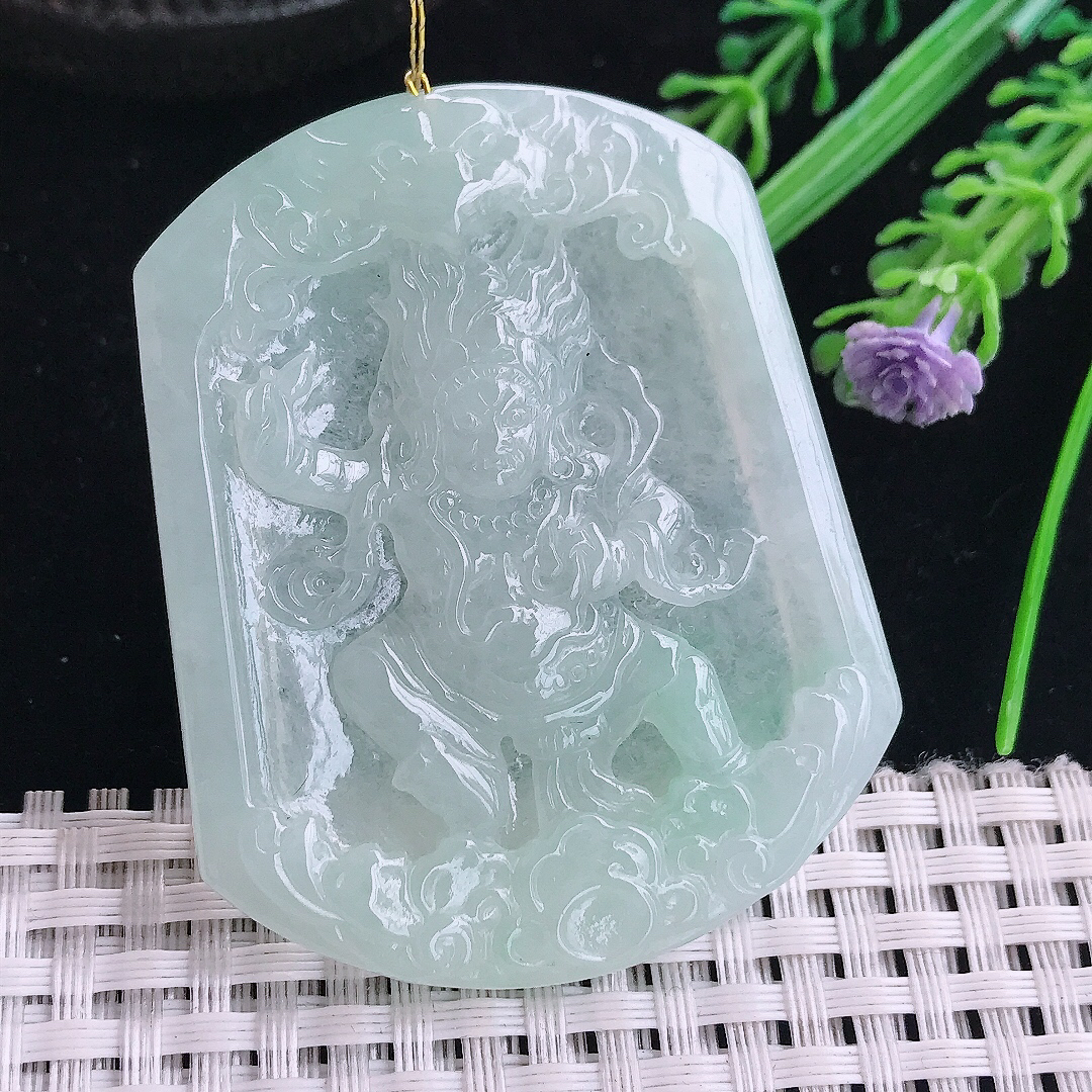 实拍A货翡翠55.5/45/5老坑冰润水灵冰晴底不动明王吊坠翡翠玉挂件