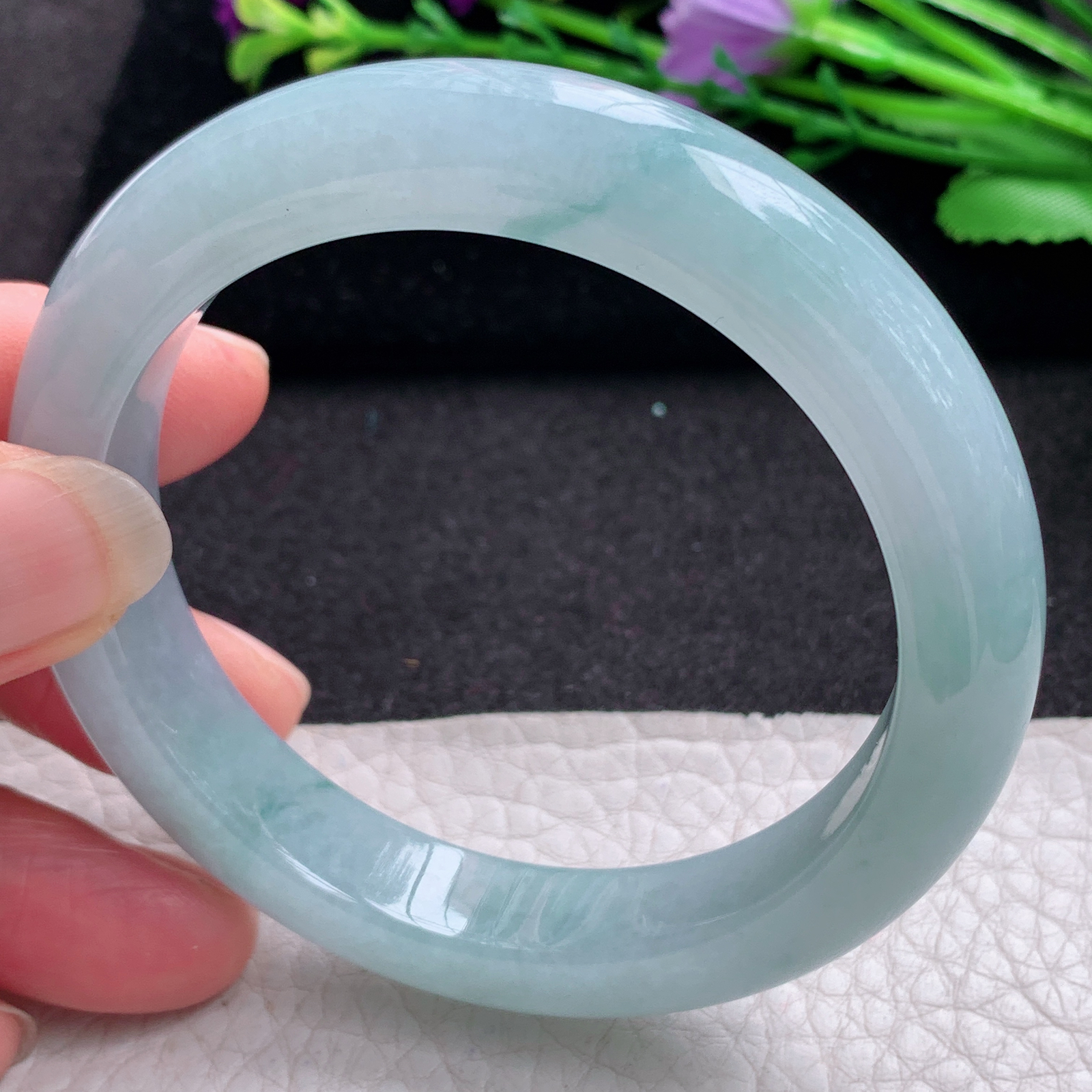 r飘逸款56*12*9平安镯 缅甸翡翠A货玉手镯精美蓝韵飘花宽边玉手镯