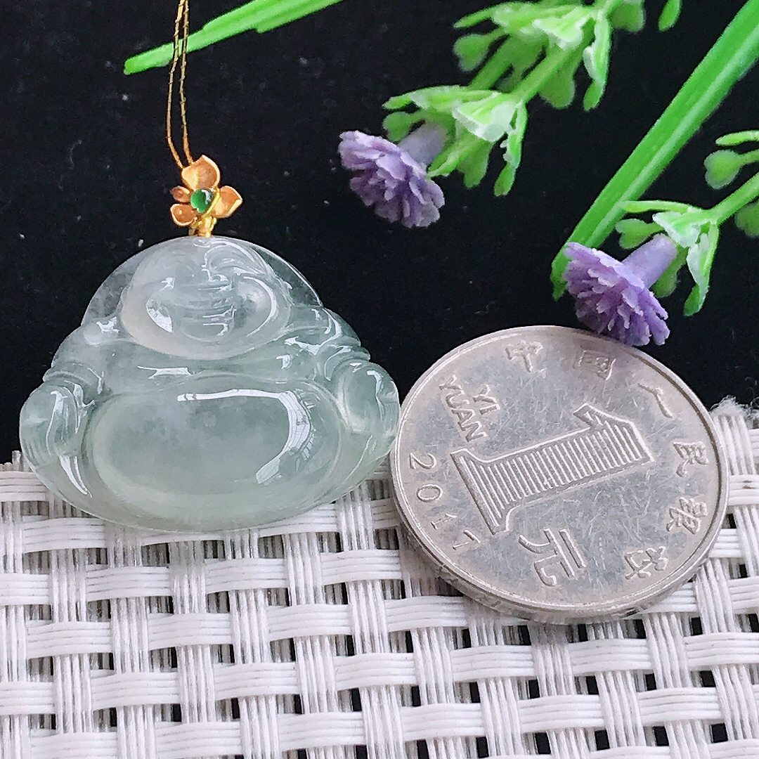 实拍A货翡翠22.6/27.3/5.8老坑18k金镶嵌冰种佛公吊坠翡翠玉佛挂件