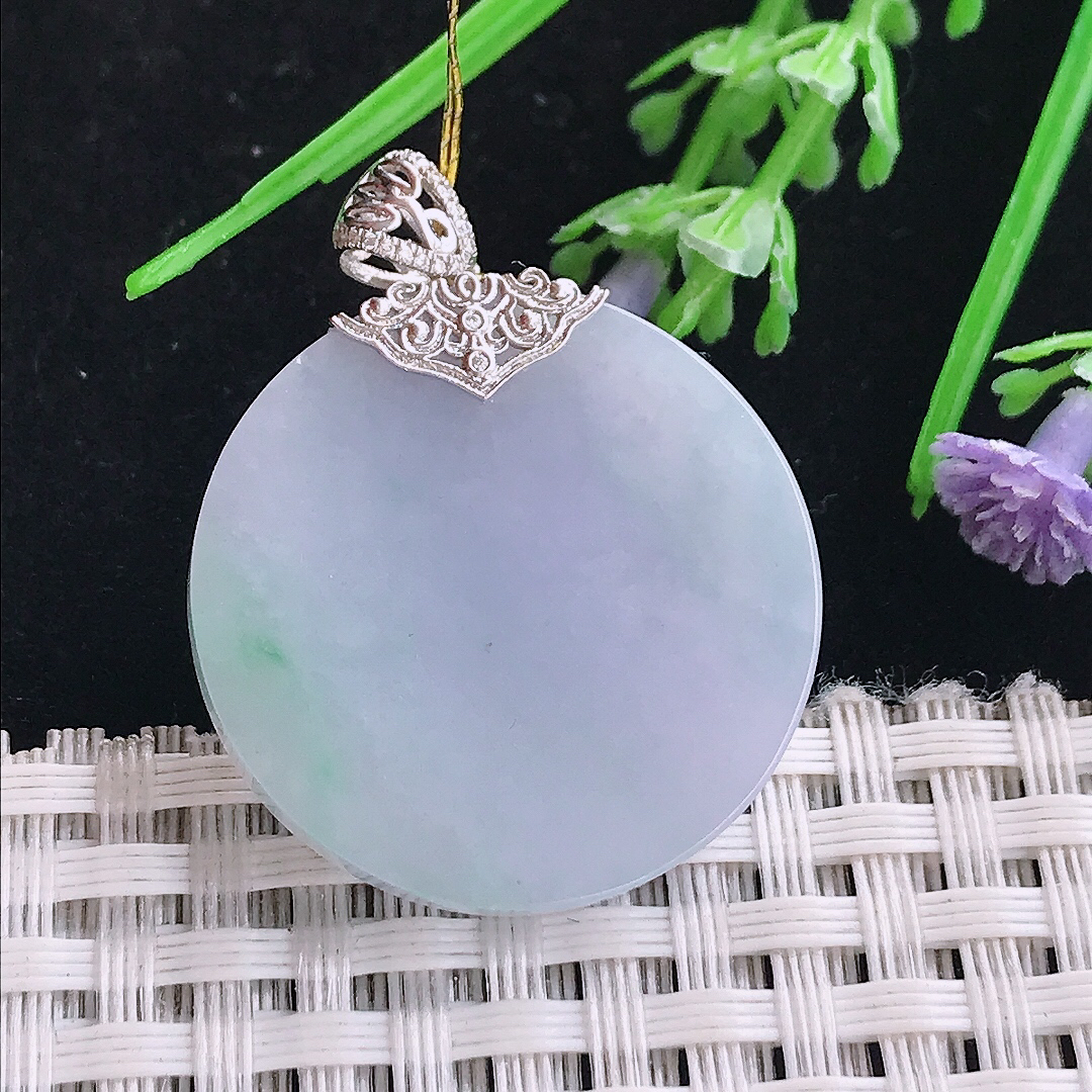 实拍A货翡翠27.8/3.5老坑18k金镶嵌冰润紫罗兰圆牌吊坠翡翠玉无事牌挂件