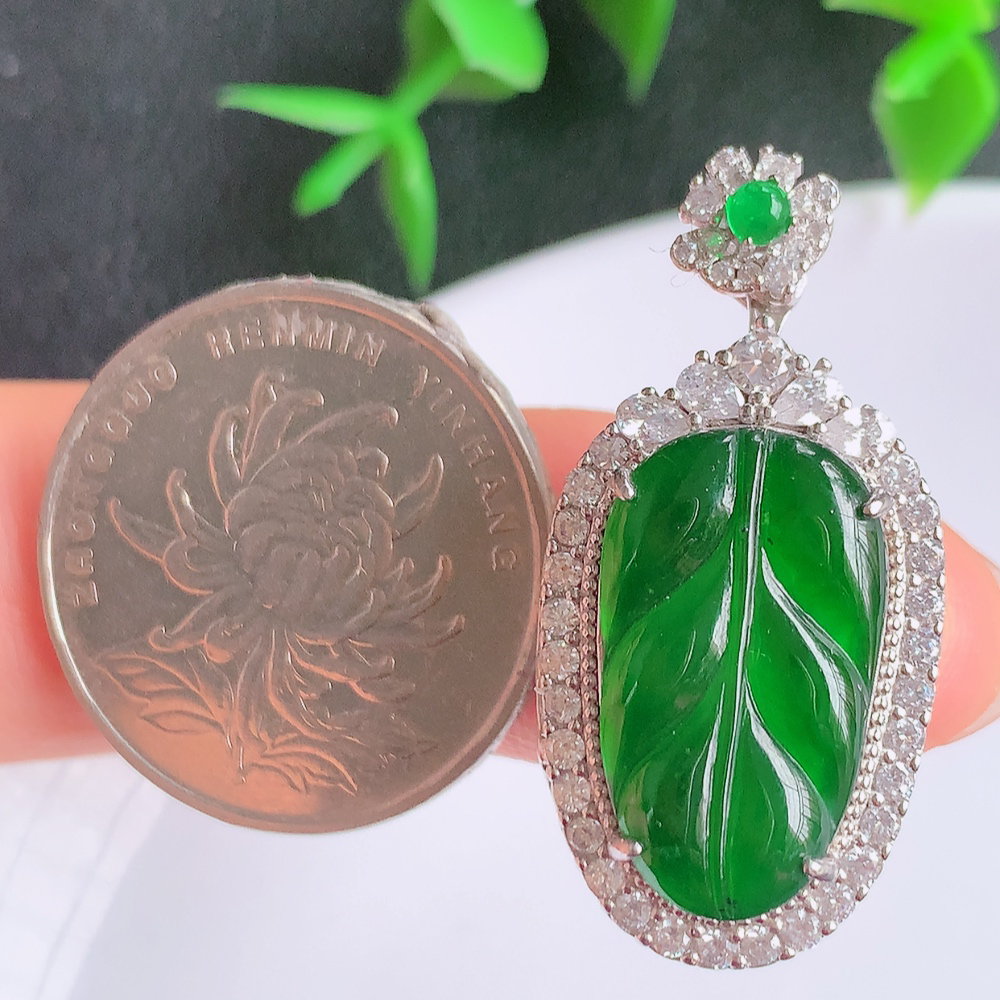冰润满绿925银镶金枝玉叶翡翠吊坠  老种起胶感  飘花灵动  寓意“金枝玉叶，大业有成，一夜成名”  饱满大气，水润通透。W481.21  整体尺寸：33.5-16.5-10mm  裸石尺寸：19-11mm