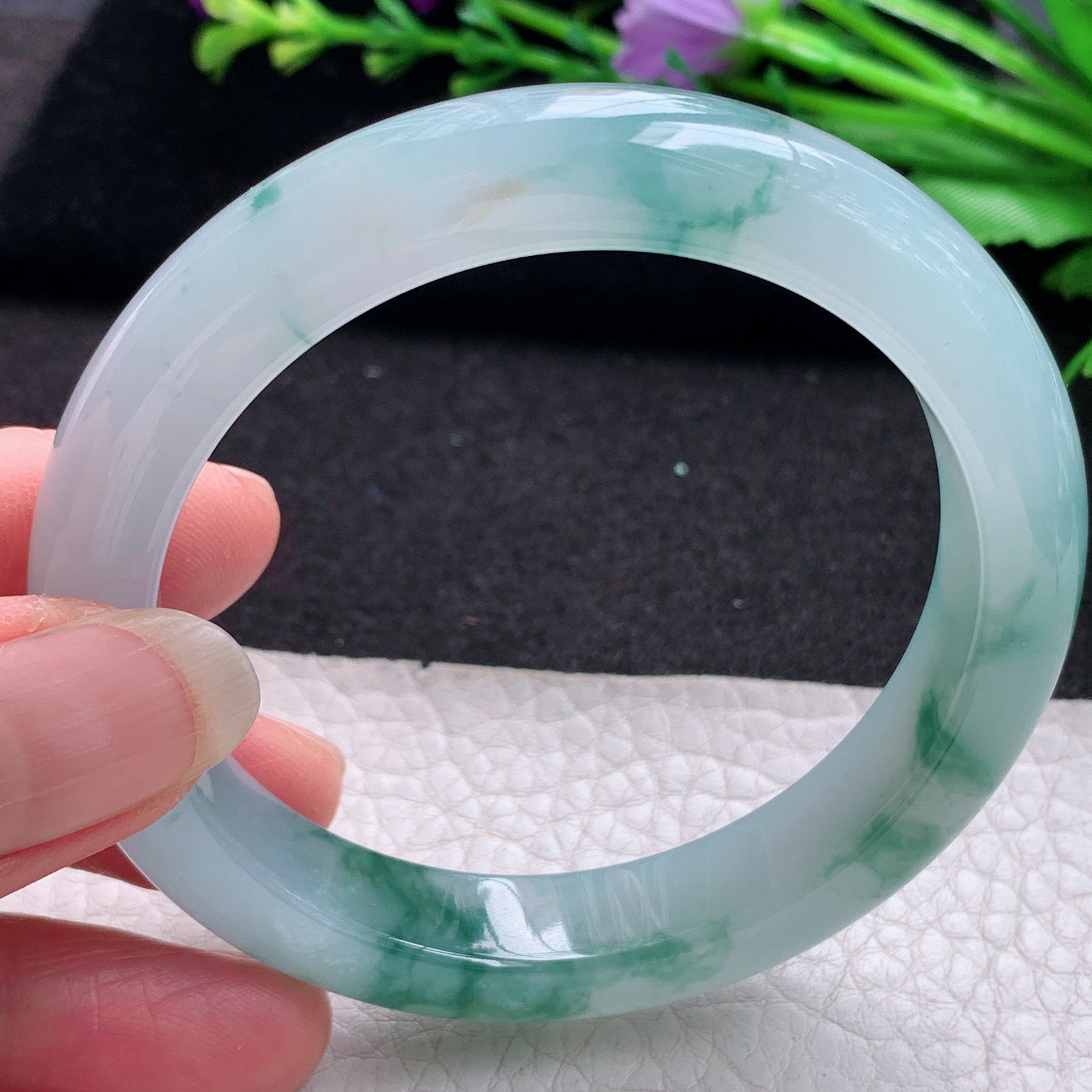 yh飘逸款55*11.5*8.6平安镯 缅甸翡翠A货玉手镯精美冰飘花宽边玉手镯