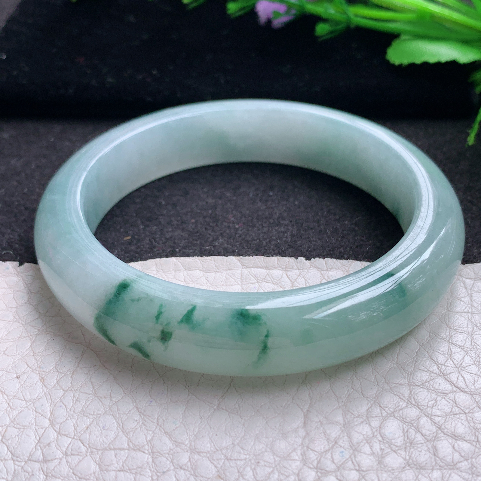 r飘逸款56*12.6*9平安镯 缅甸翡翠A货玉手镯精美冰飘花宽边玉手镯