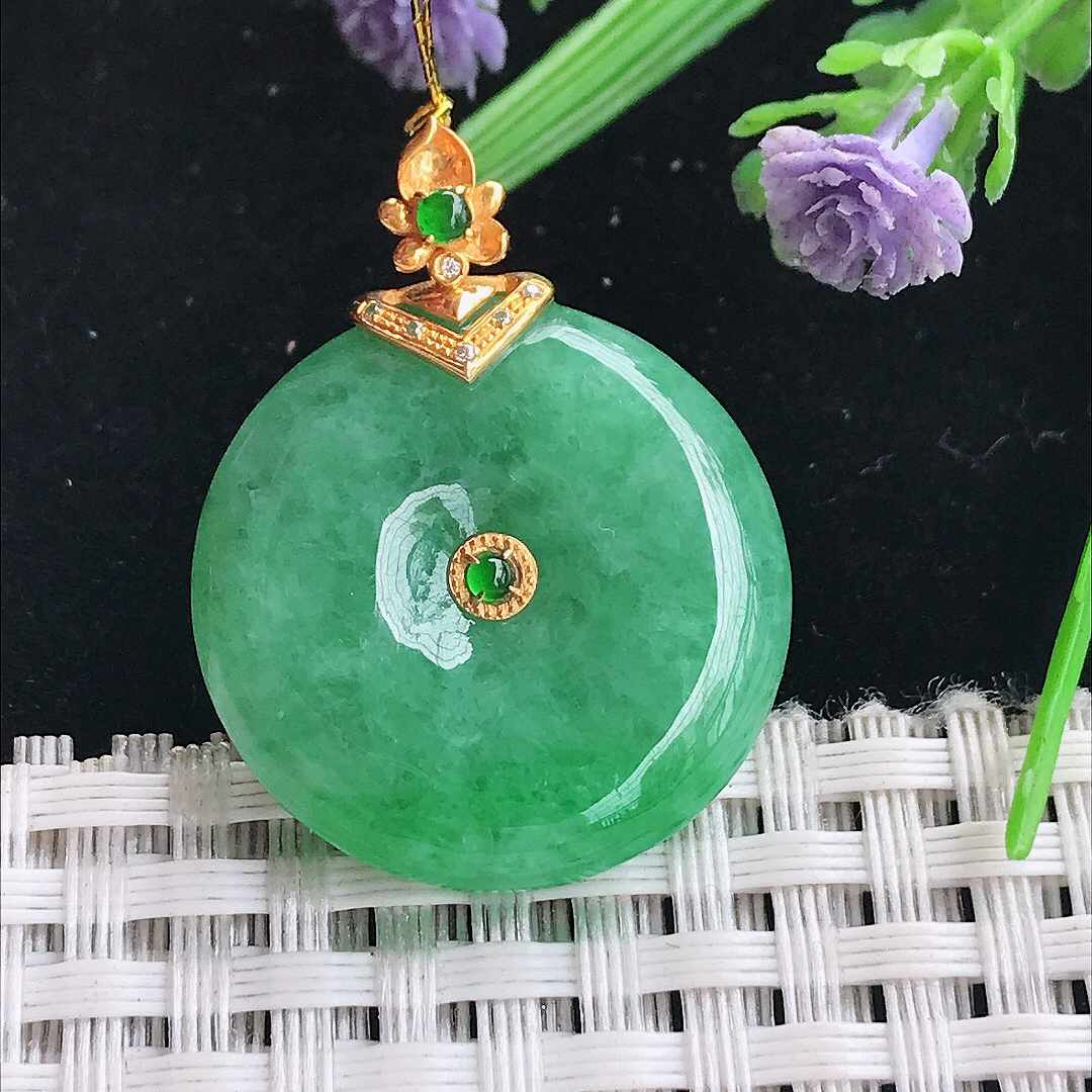 实拍A货翡翠25/6老坑18k金镶嵌满绿平安扣吊坠翡翠玉挂件