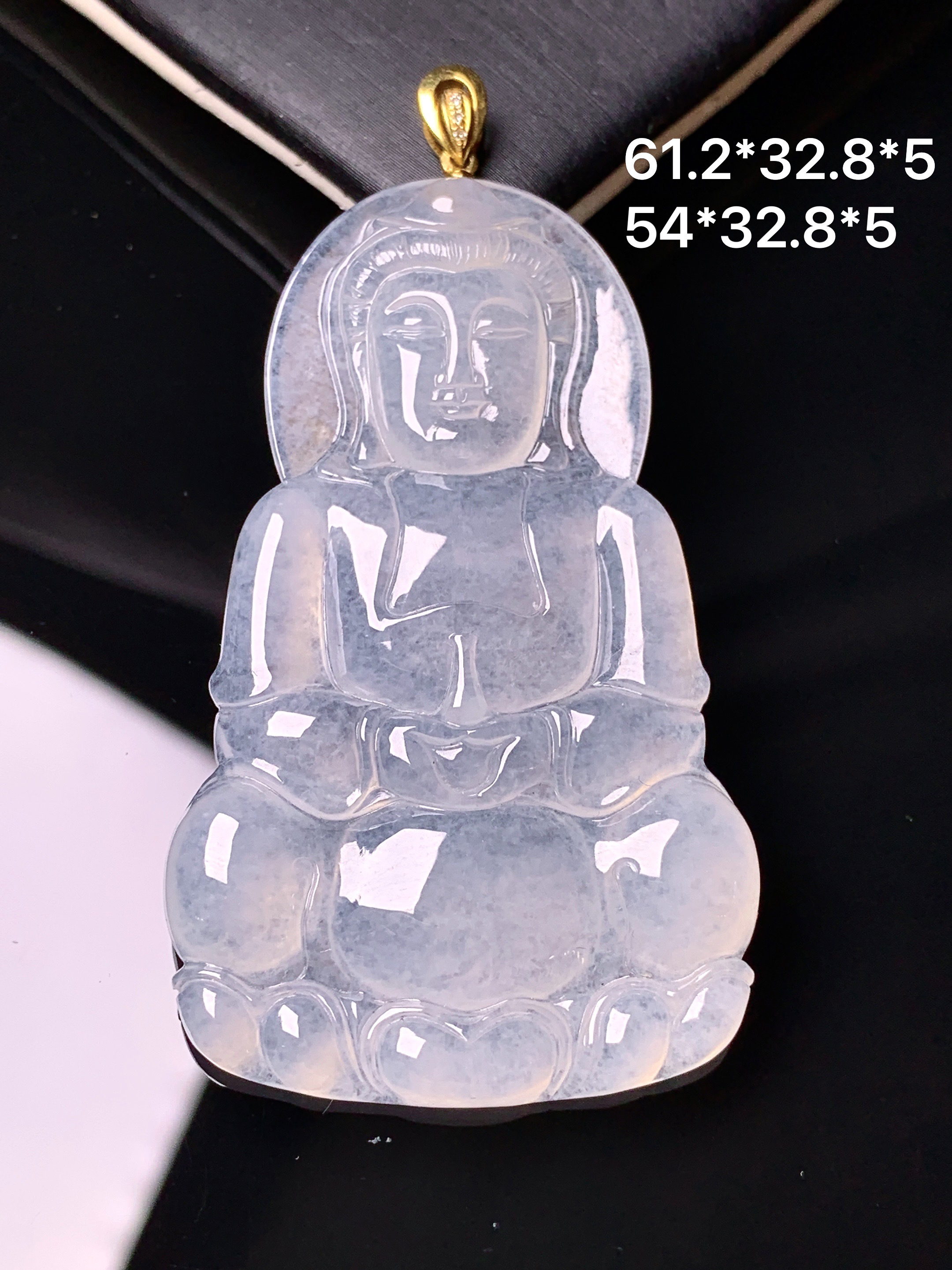 18k金镶嵌冰种观音吊坠 玉质细腻 色泽艳丽清新 水润亮眼 整体尺寸61.2*32.8*5f3