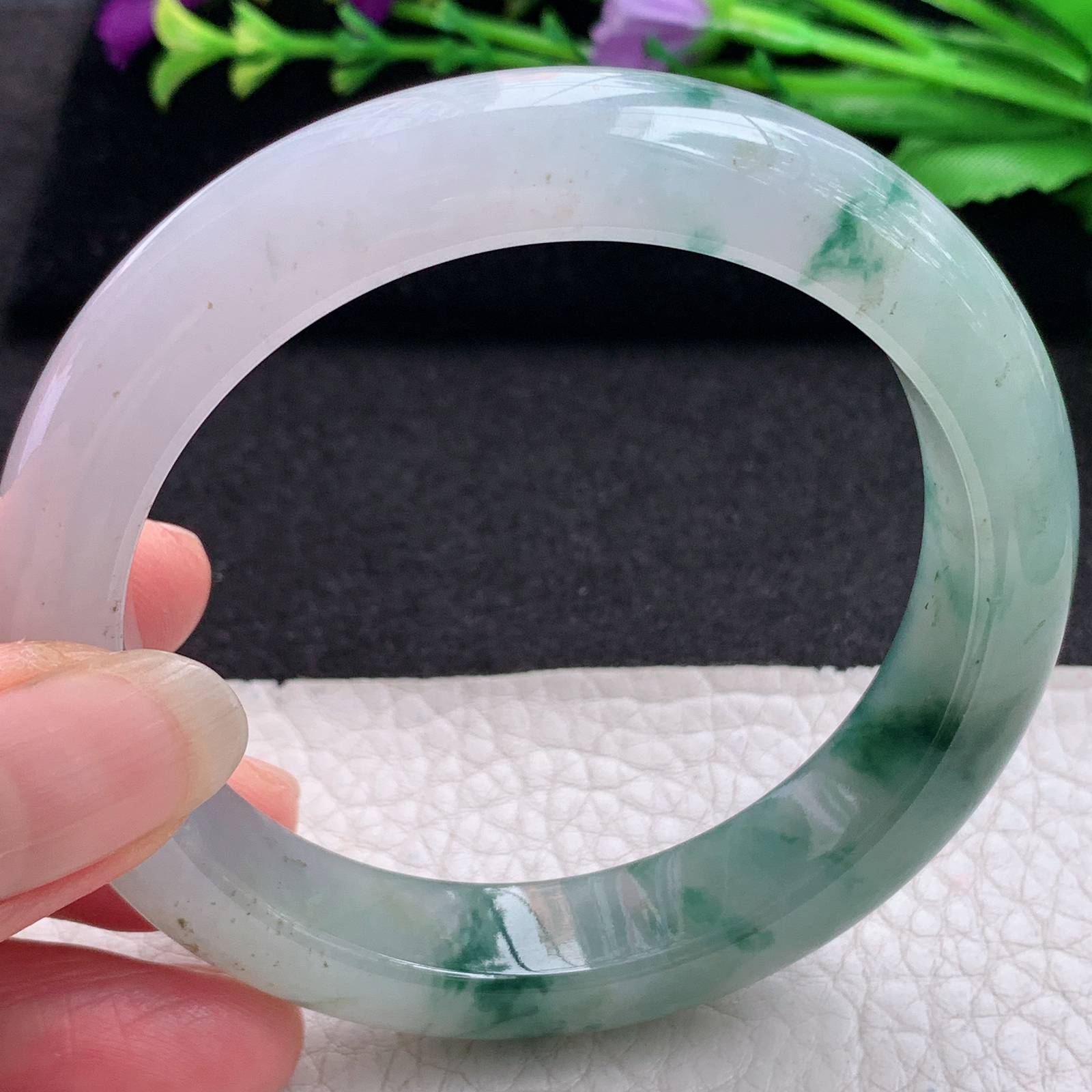 lpa飘逸款57*12.3*9平安镯 缅甸翡翠A货玉手镯精美冰飘花正圈玉手环