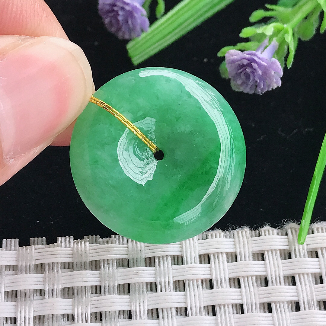 实拍A货翡翠25.5/6老坑精美温润阳绿满绿平安扣吊坠翡翠玉扣挂件