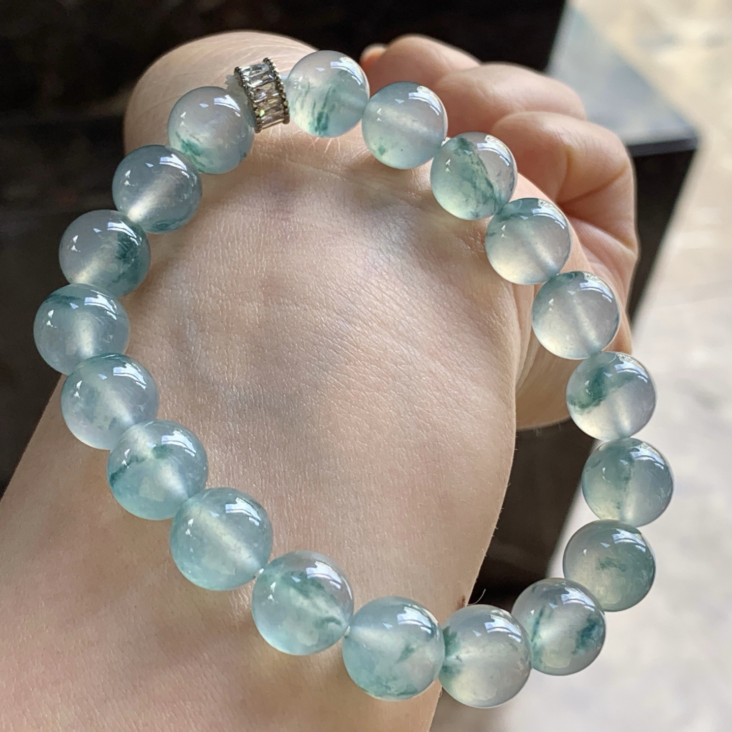 高冰蓝花手串^_^冰透 荧光十足