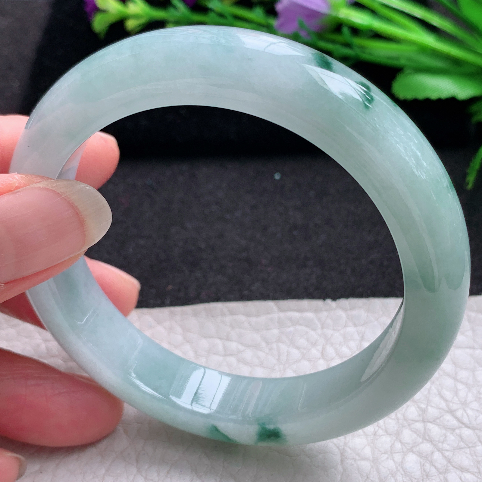 r飘逸款56*12.6*9平安镯 缅甸翡翠A货玉手镯精美冰飘花宽边玉手镯