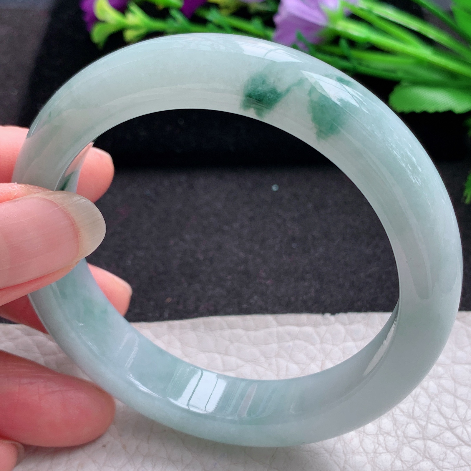 r飘逸款56*12.6*9平安镯 缅甸翡翠A货玉手镯精美冰飘花宽边玉手镯